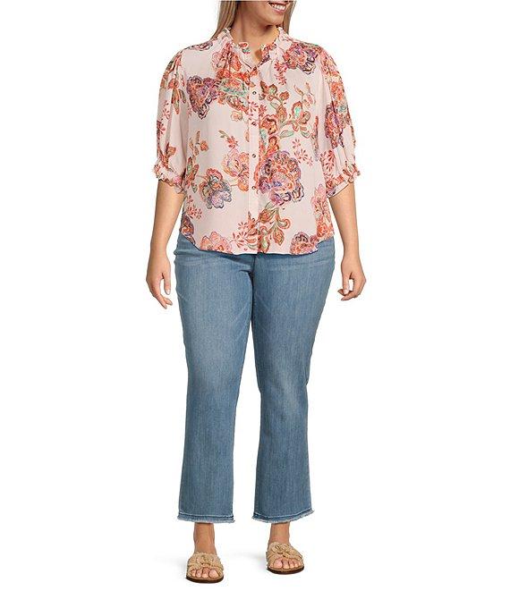 Democracy Plus Size Woven Floral Paisley Split V-Neck Elbow Sleeve Button-Front Top Product Image