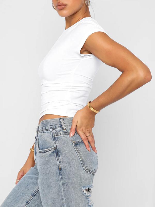 Short Sleeves Skinny Solid Color Round-Neck T-Shirts Product Image