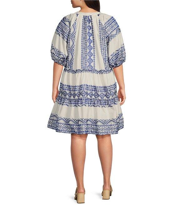 Calessa Plus Size Embroidered Printed Band Collar Split V-Neck 3/4 Sleeve Shift Dress Product Image