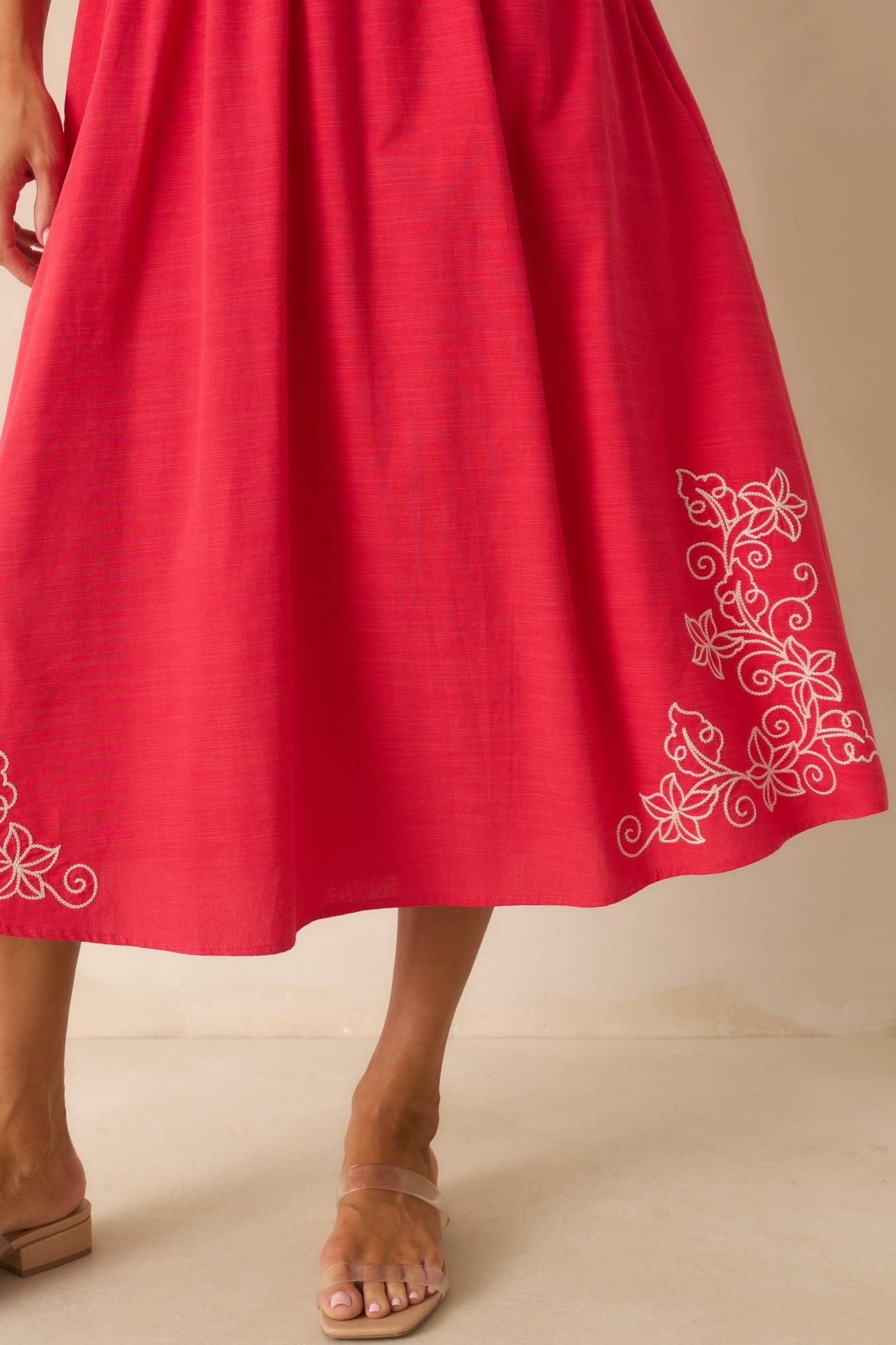 Finding Your Way Red Floral Embroidered Cotton Midi Dress Product Image