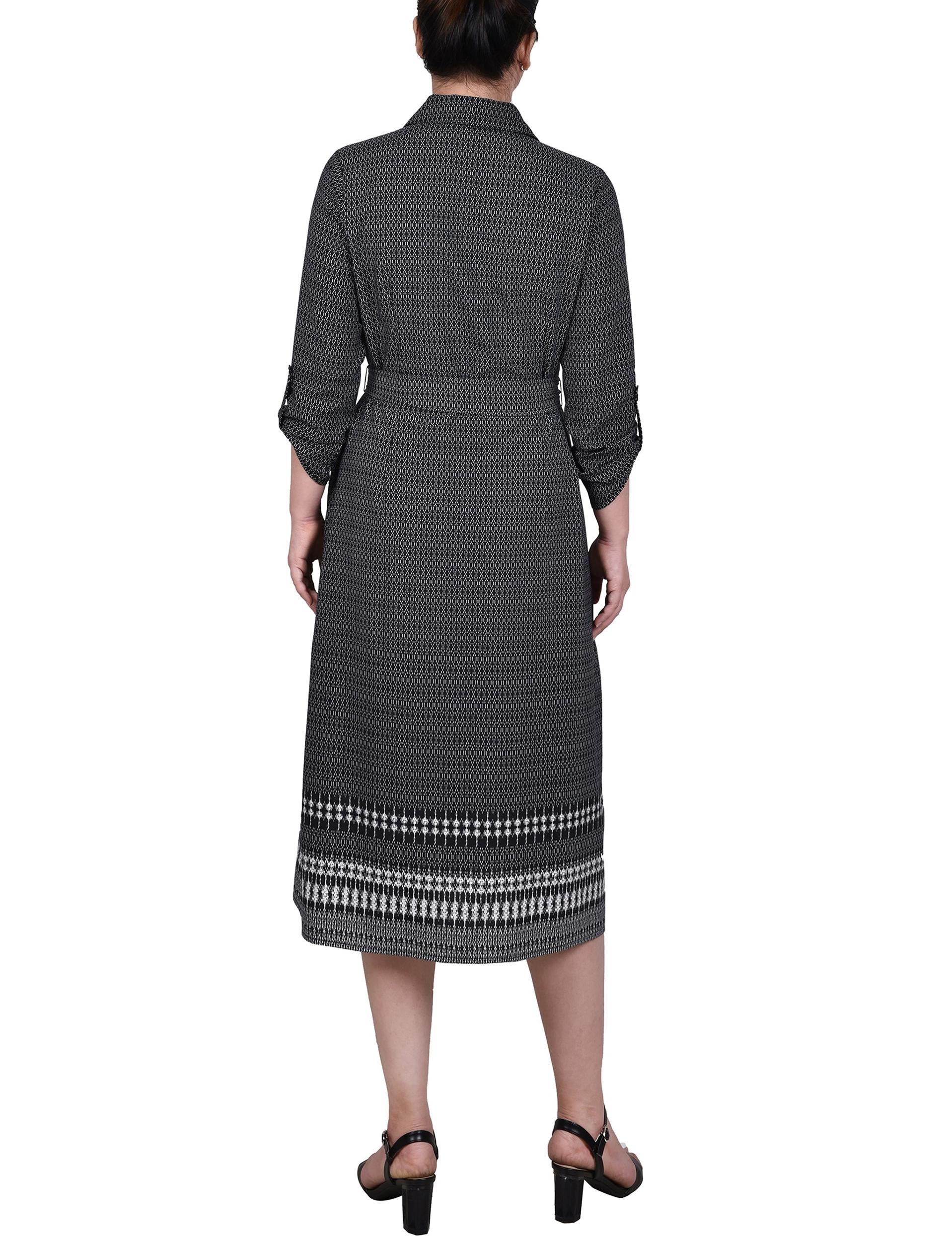 Cypress Inca Gold Navy Zigzag 3/4 Roll Tab Sleeve Belted Shirtdress - Petite Product Image