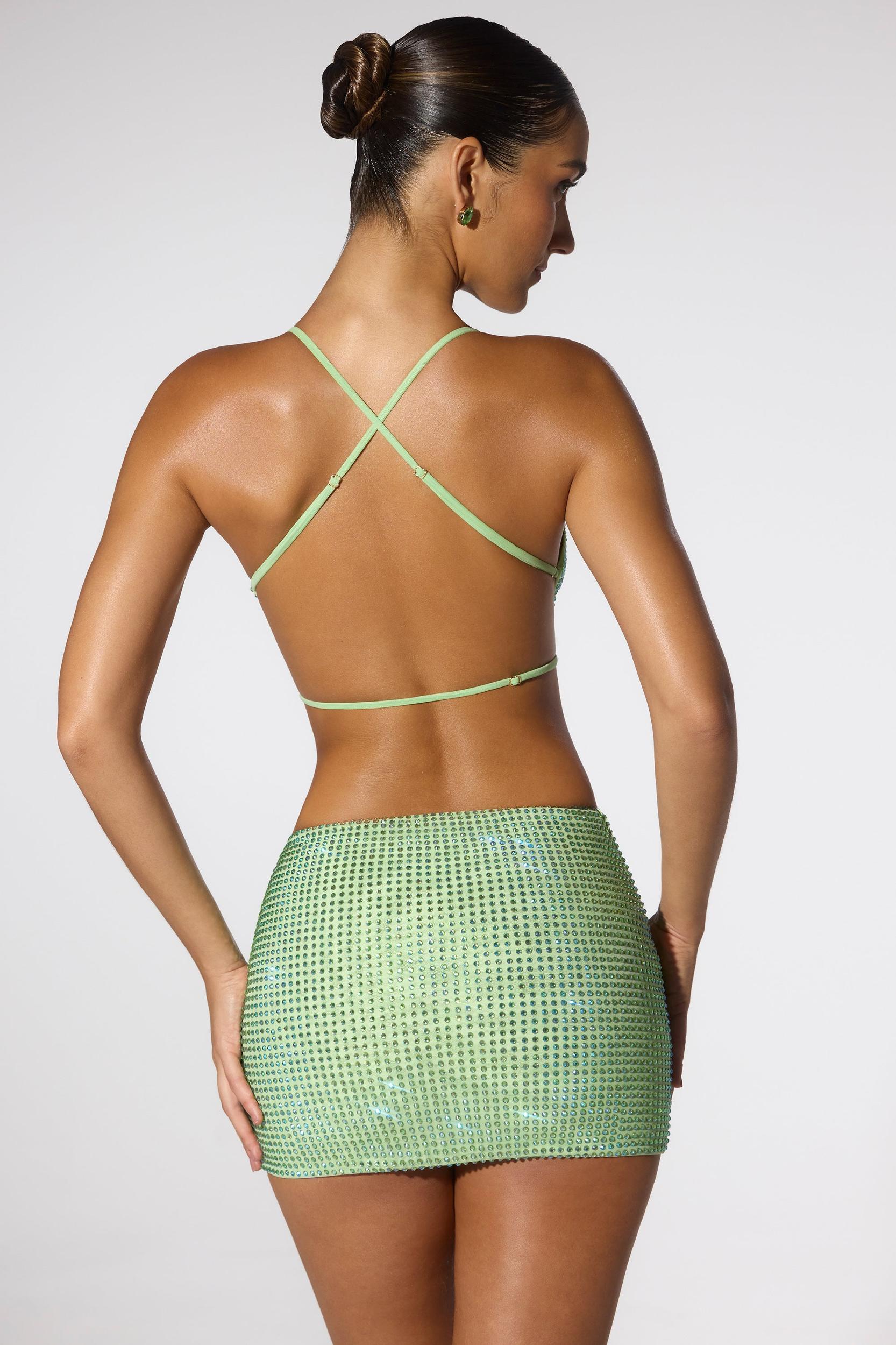 Embellished Cowl Neck Open Back Crop Top in Sage Green Product Image