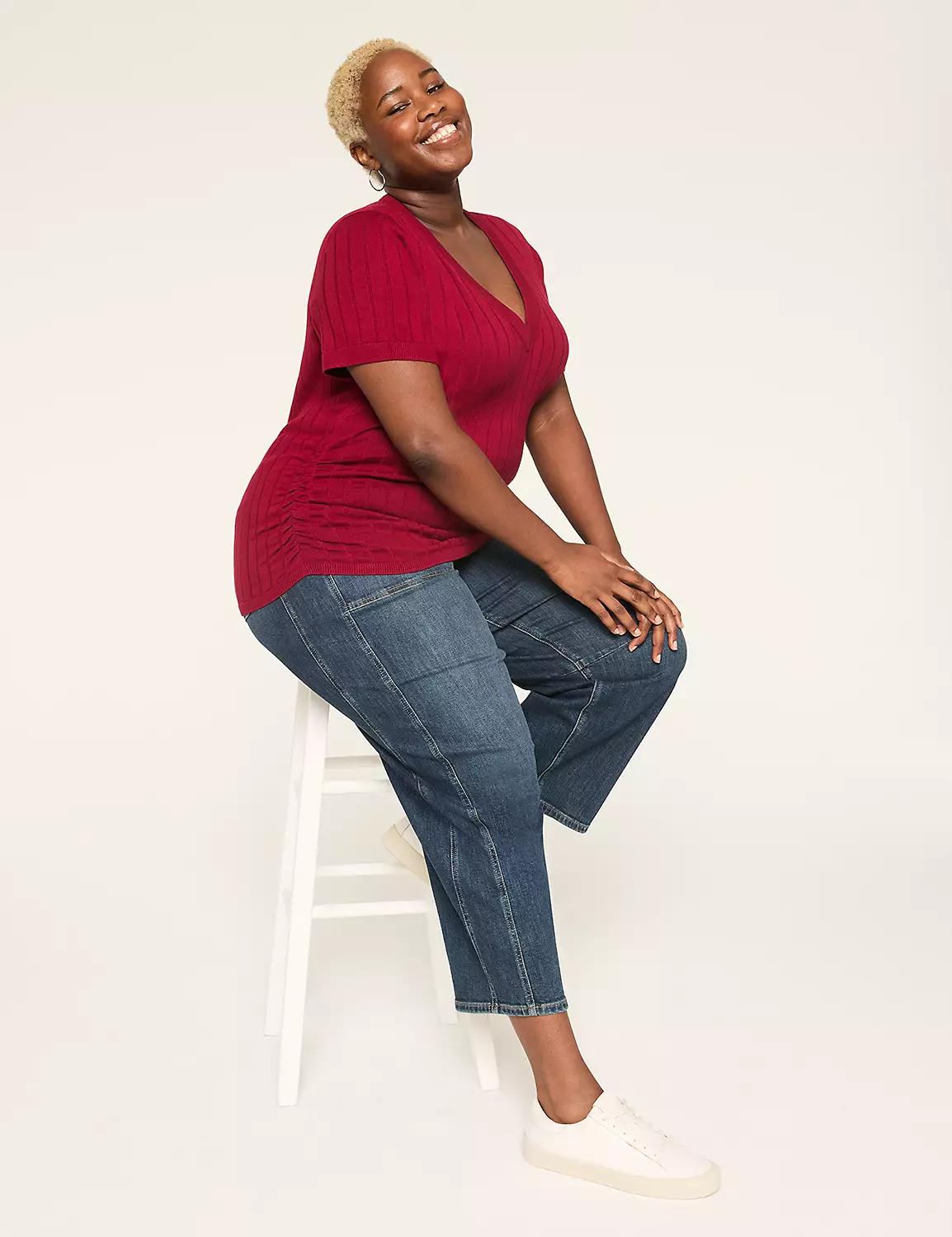 Fitted Short-Sleeve Side-Ruched Sweater Product Image