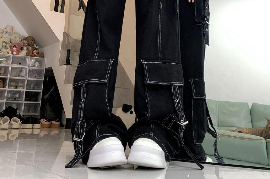 High Rise Contrast Stitching Buckled Loose Fit Cargo Jeans Product Image