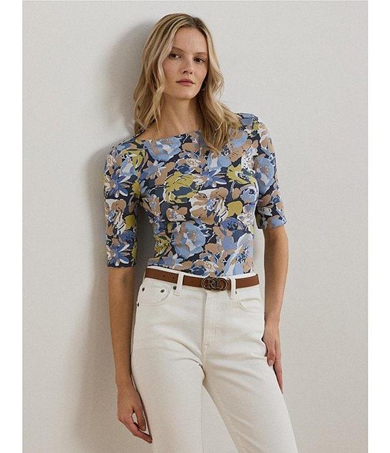 Lauren Ralph Lauren Stretch Cotton Floral Boatneck Elbow-Length Sleeve T-Shirt Product Image