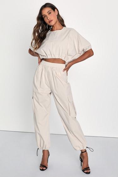 Coolest Cutie Beige Short Sleeves Drawstring Crop Top Product Image