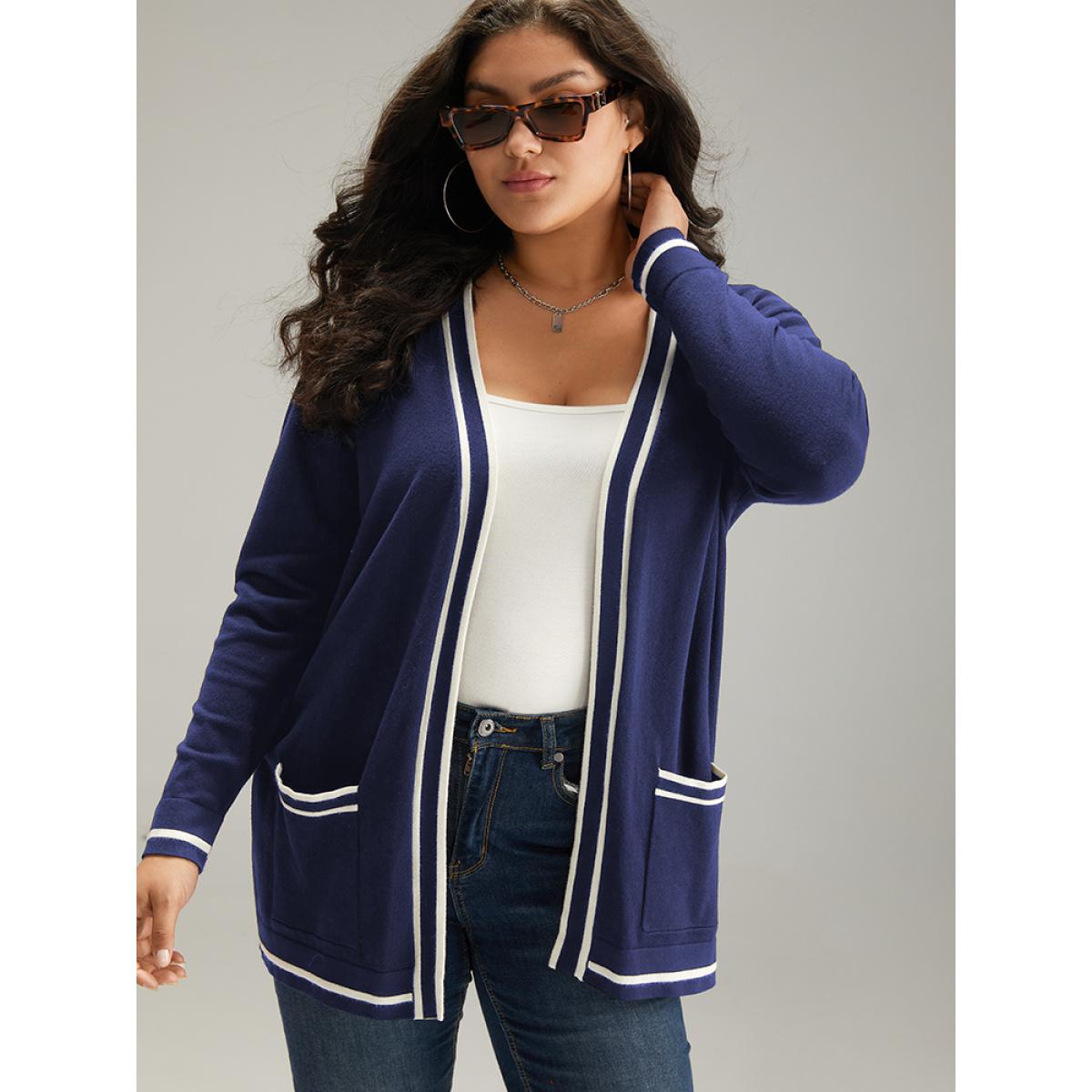Plus Size Supersoft Essentials Striped Patchwork Pocket Open Front Cardigan Indigo Women Casual Loose Long Sleeve Everyday Cardigans BloomChic 14-16/1X Product Image