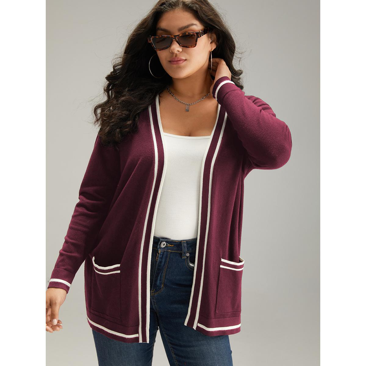 Plus Size Supersoft Essentials Striped Patchwork Pocket Open Front Cardigan Burgundy Women Casual Loose Long Sleeve Everyday Cardigans BloomChic 12/L Product Image