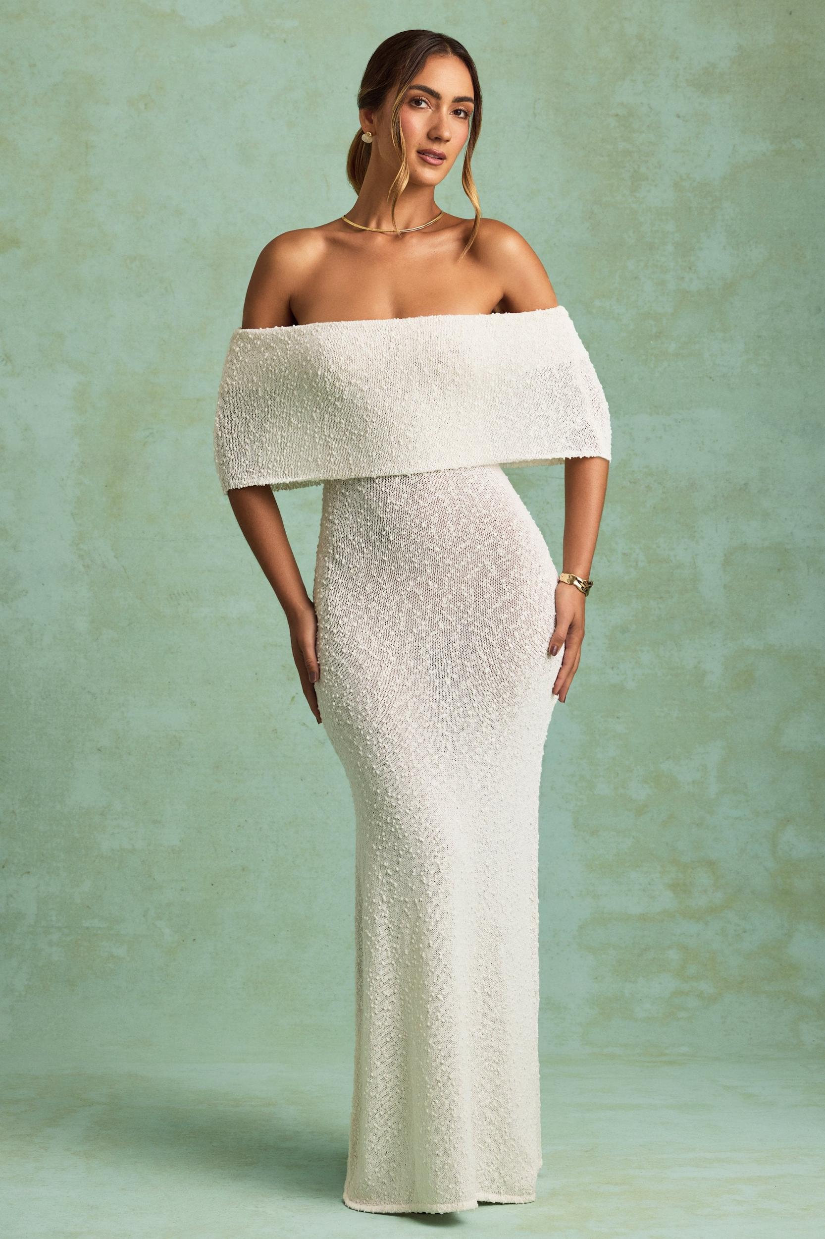 Bouclé Off-Shoulder Maxi Dress in White Girls Product Image