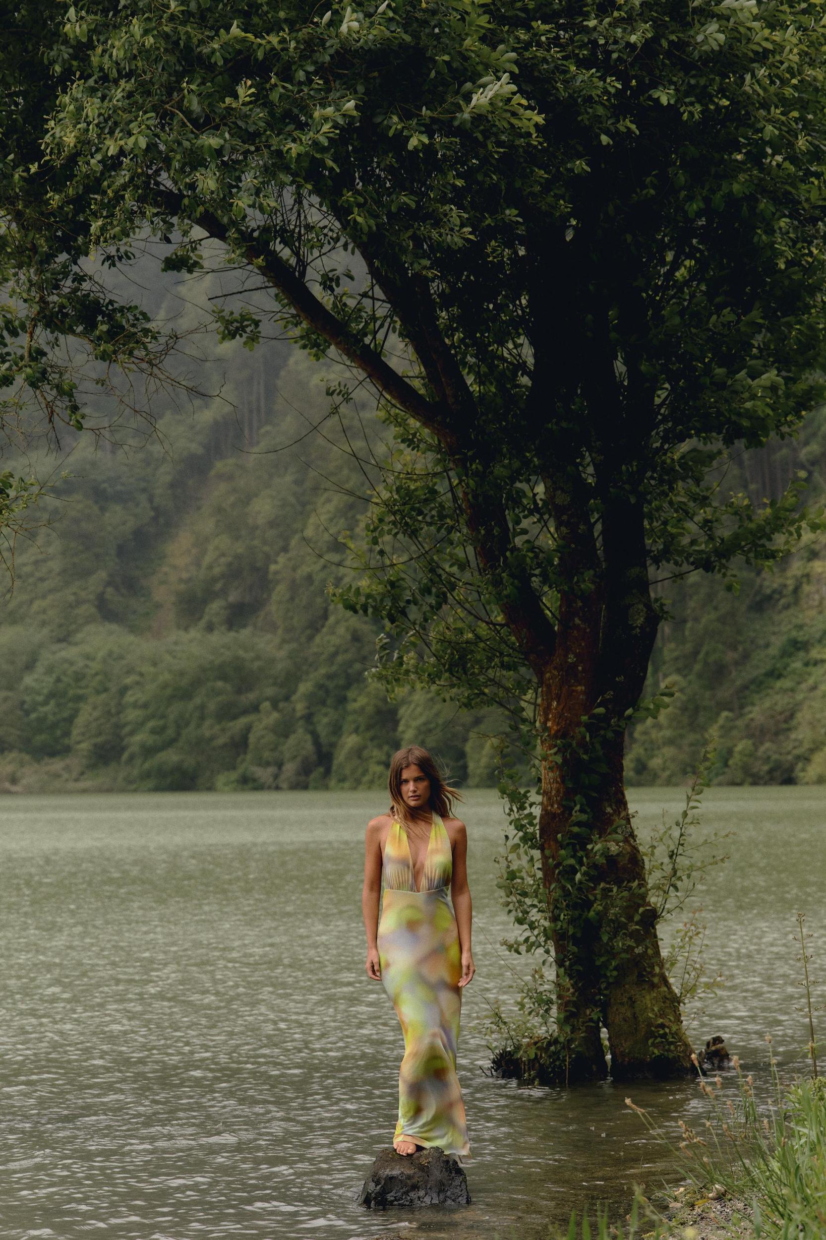 PRINTED TULLE MIDI HALTER DRESS Product Image