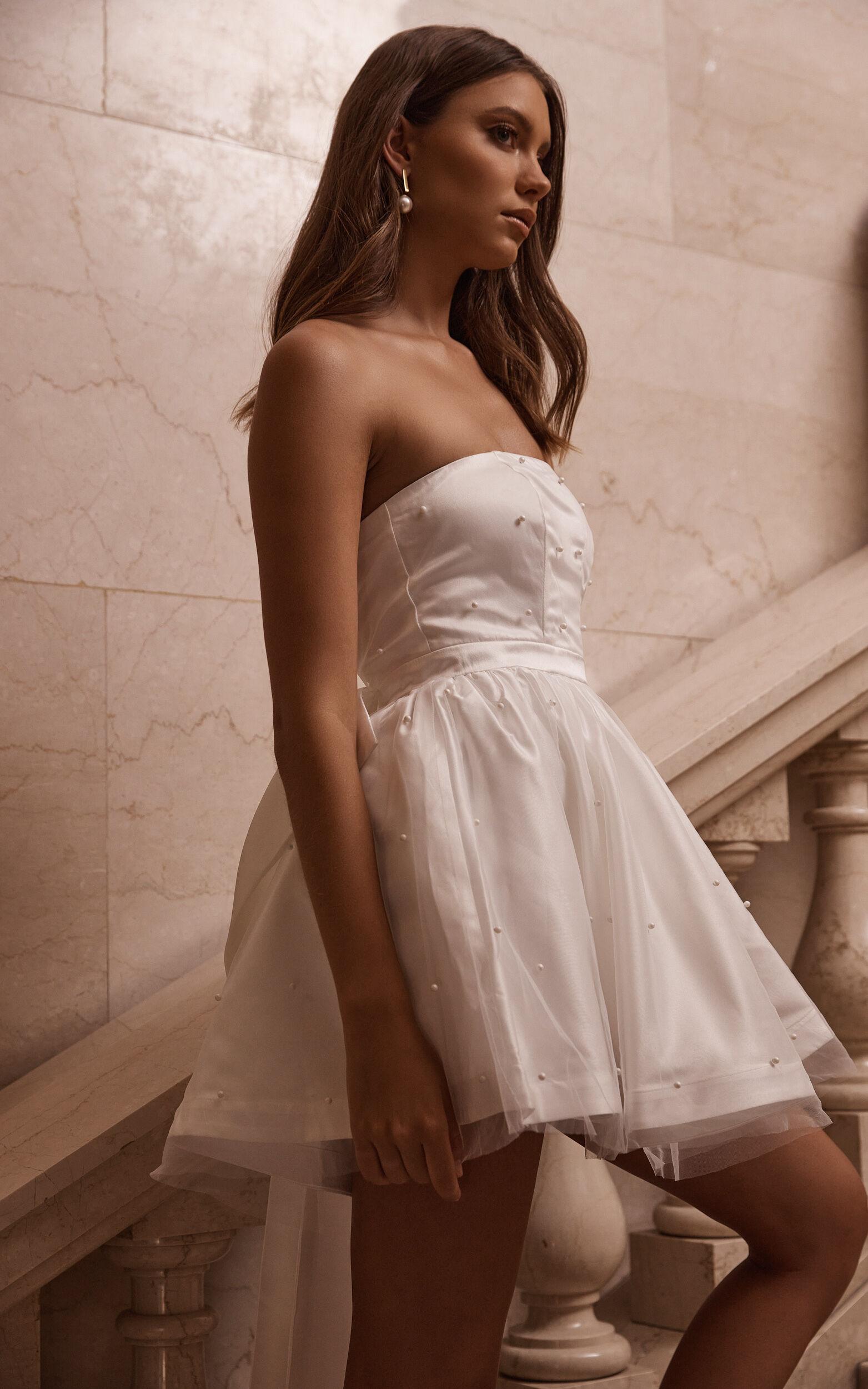 Cailene Mini Dress - Strapless Bow Train Fit and Flare Dress in Ivory Product Image
