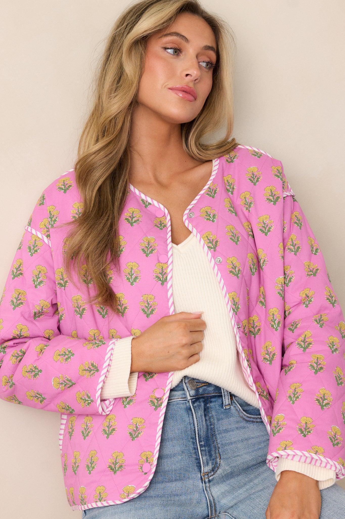 Peaceful Retreat Cotton Pink Floral Quilted Jacket Product Image