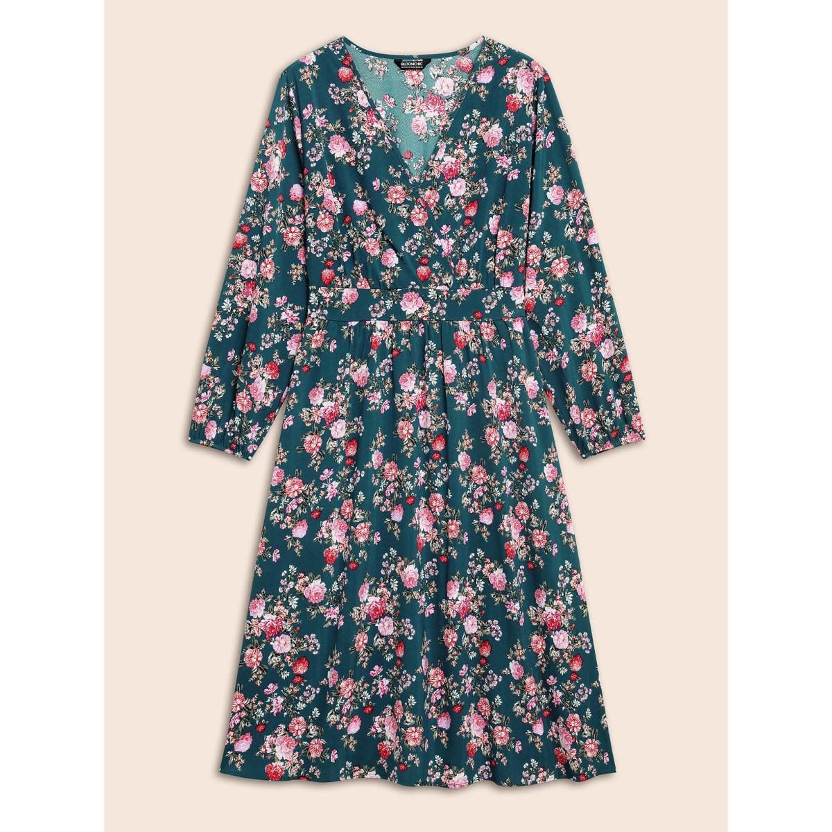 Plus Size Floral Overlap Collar Gathered Dress Aegean Women Elegant Shirred Overlap Collar Long Sleeve Curvy BloomChic 26/4X Product Image