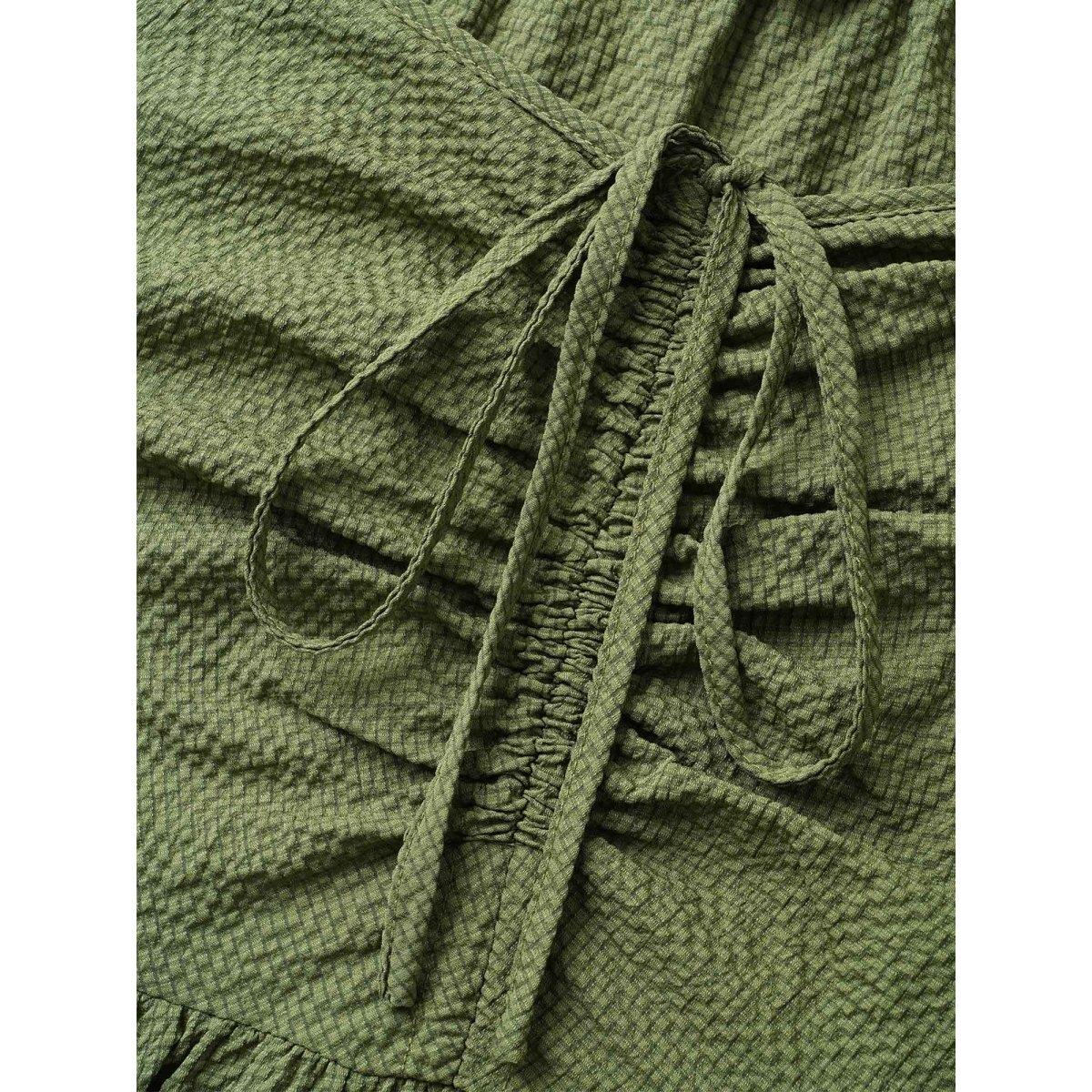 Plus Size Textured Drawstring Ruffle Layered Hem Dress ArmyGreen Women Elegant Texture Heart neckline Short sleeve Curvy BloomChic 22-24/3X Product Image