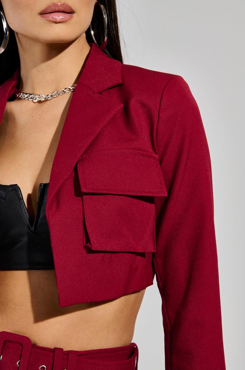 BETTER LUCK CROP BLAZER IN BURGUNDY Product Image