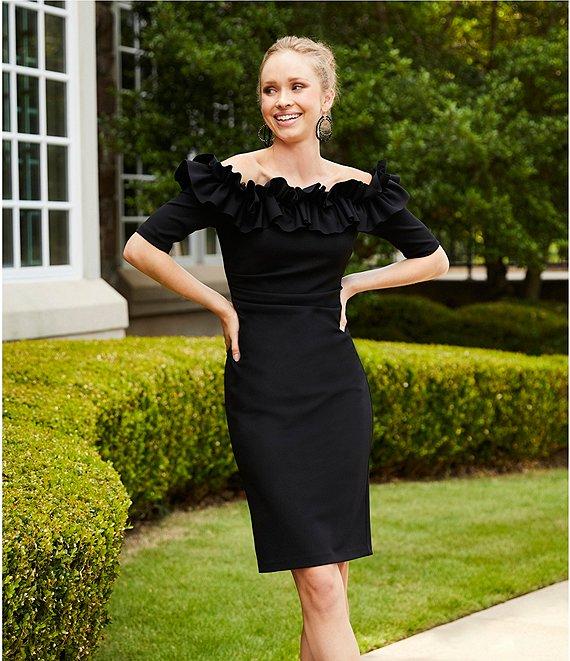 Xscape Off-the-Shoulder Ruffle Neck Short Sleeve Stretch Scuba Crepe Dress Product Image