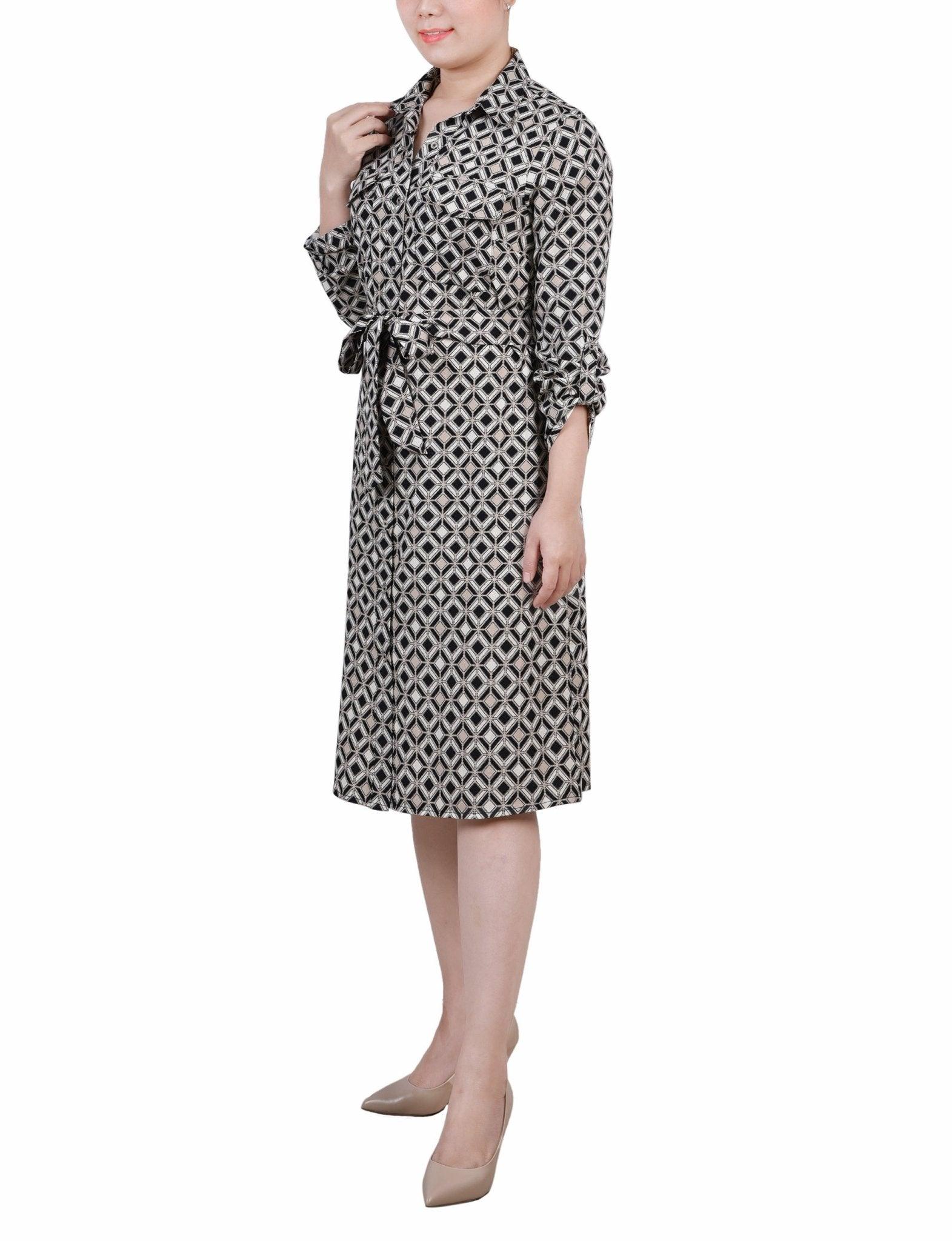 Black Doeskin Geo 3/4 Roll Tab Sleeve Belted Shirtdress - Petite Product Image