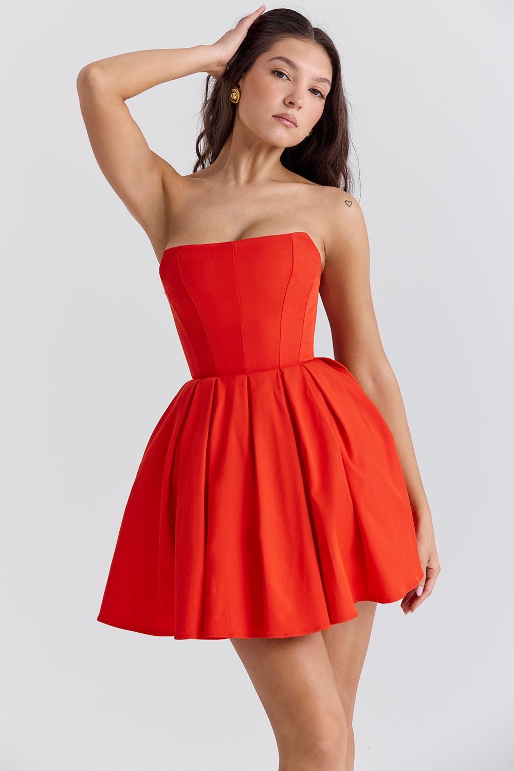 Emmanuela  italian tomato strapless pleated mini dress Product Image
