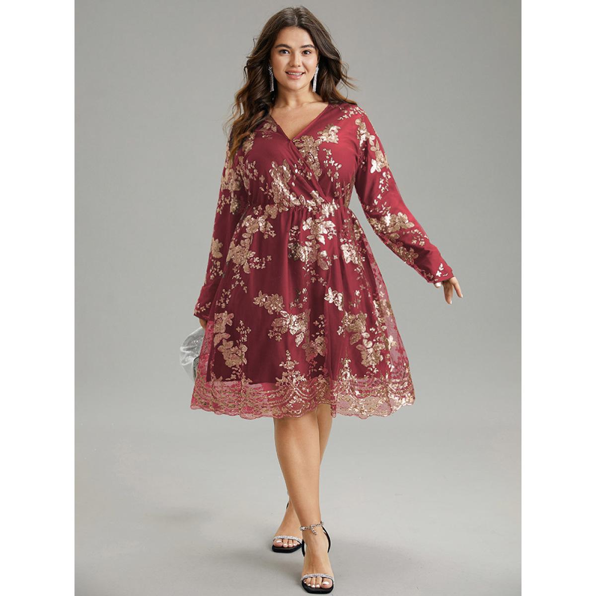 Plus Size Floral Sequin Elastic Waist Mesh Wrap Dress Scarlet Women Party Sequin Overlap Collar Long Sleeve Curvy Midi Dress BloomChic 28/5X Product Image