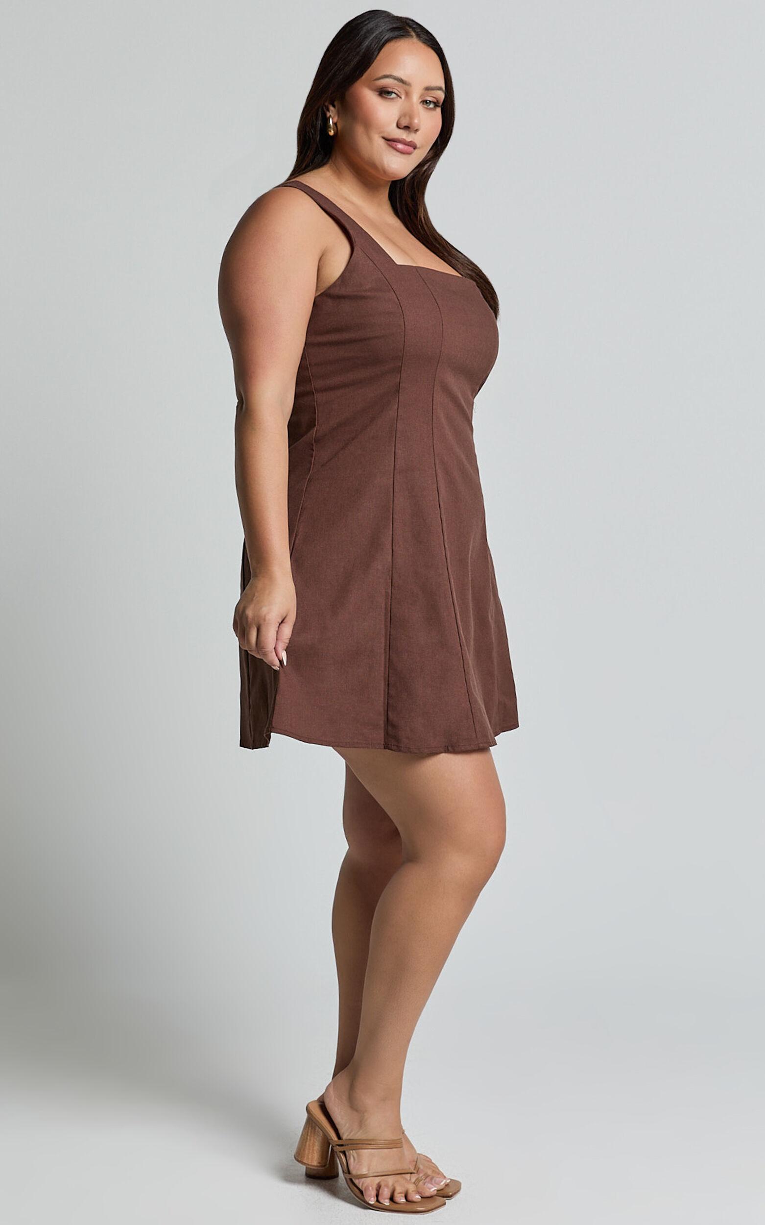 Adiana Mini Dress - Linen Square Neck Shirred Back A Line Dress in Chocolate Product Image