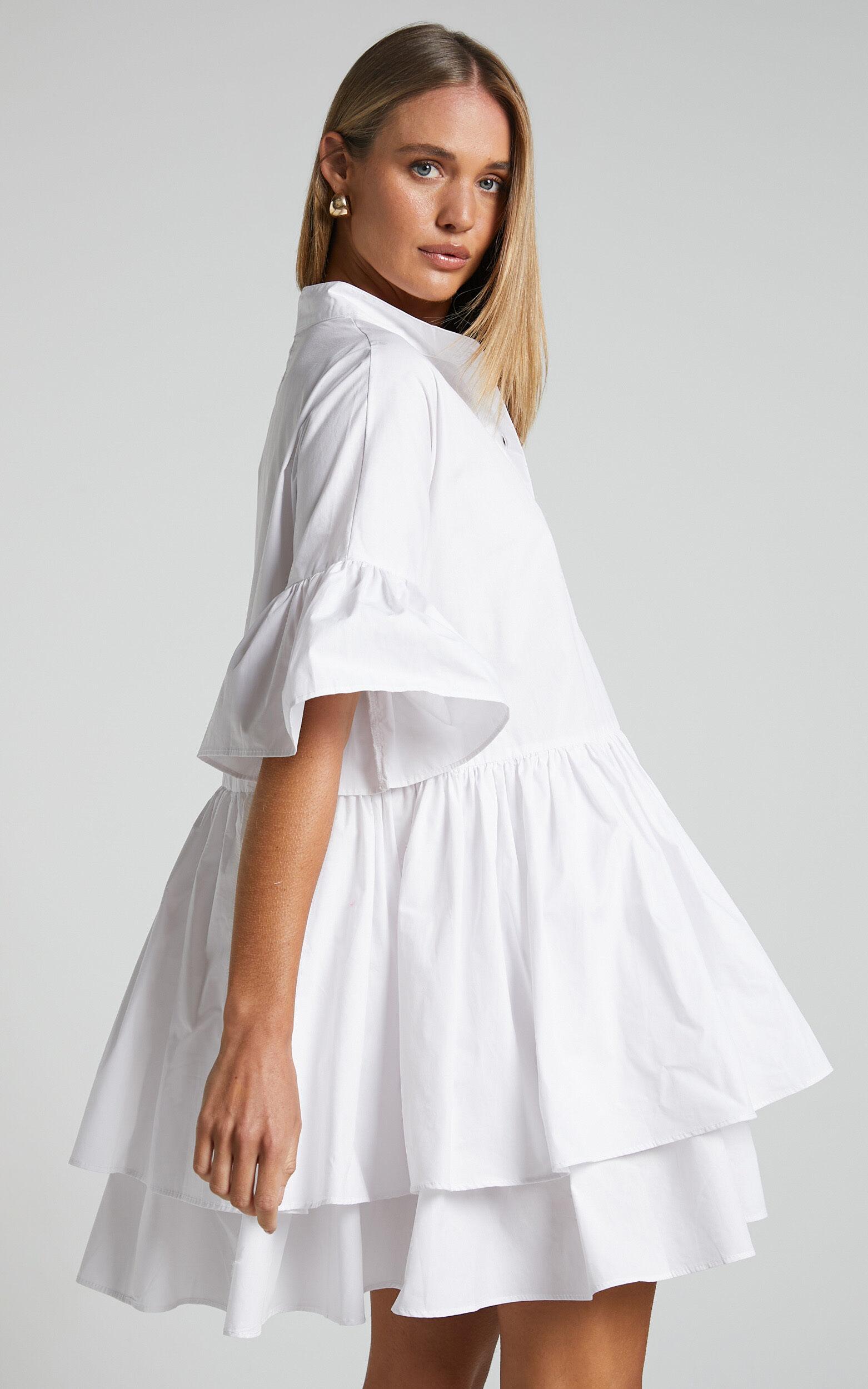 Elowen Mini Dress - Button Up Asymmetrical Tiered Smock Dress in White Product Image