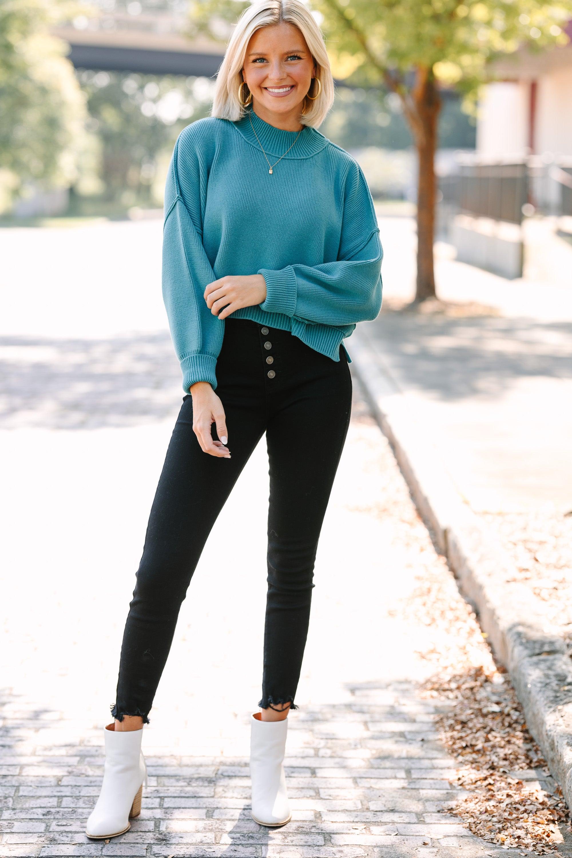 Where I Am Dusty Teal Blue Cropped Sweater Female Product Image