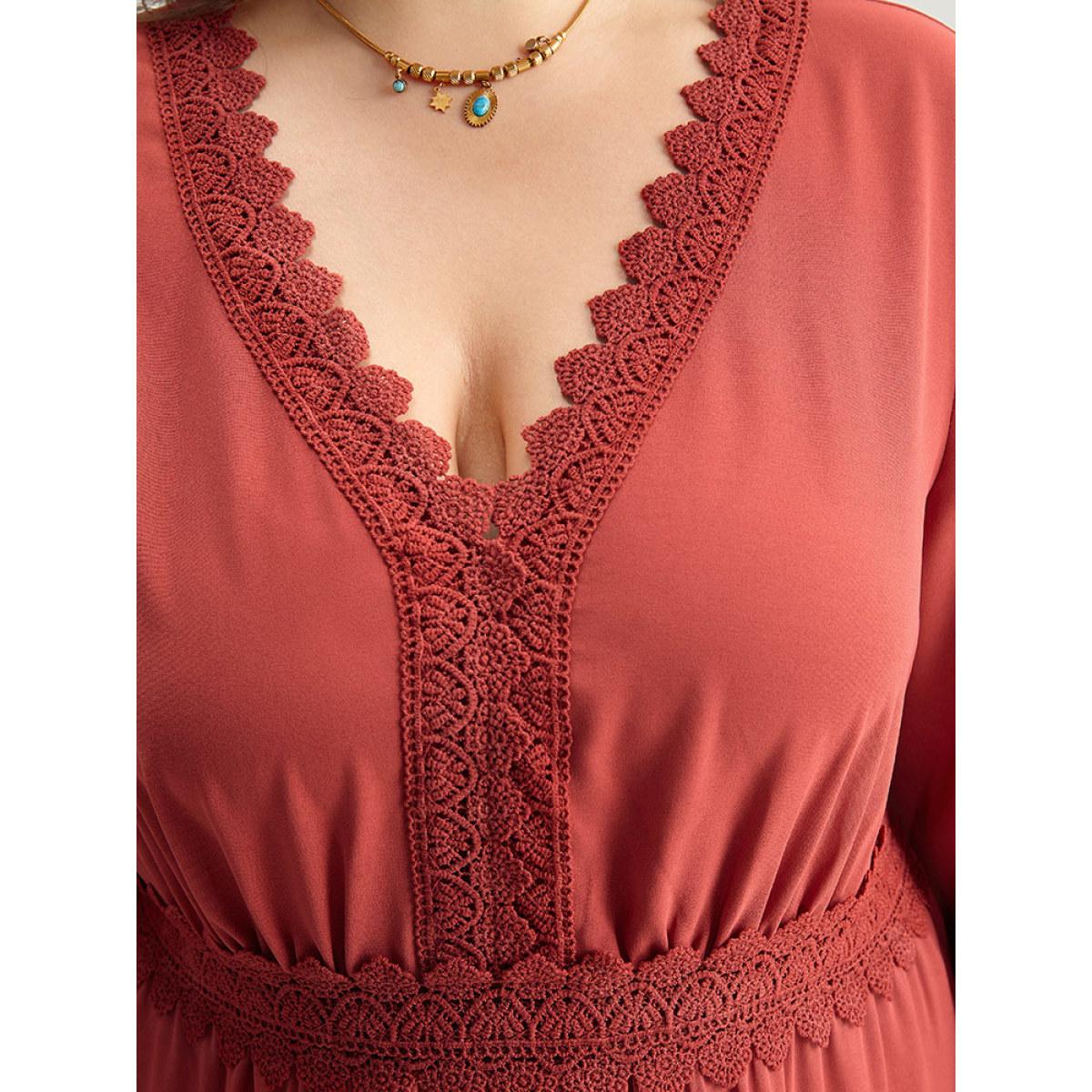 Plus Size Contrast Lace Bell Sleeve Layered Hem Dress Crimson Women Elegant Plain V-neck Long Sleeve Curvy Midi Dress BloomChic 18-20/2X Product Image