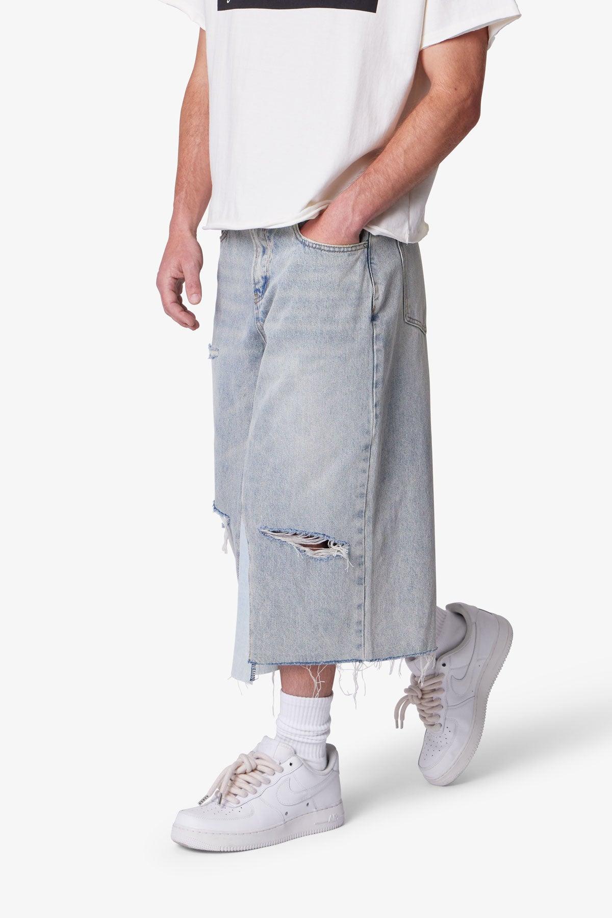 Panelled Denim Shorts - Washed Light Blue Product Image