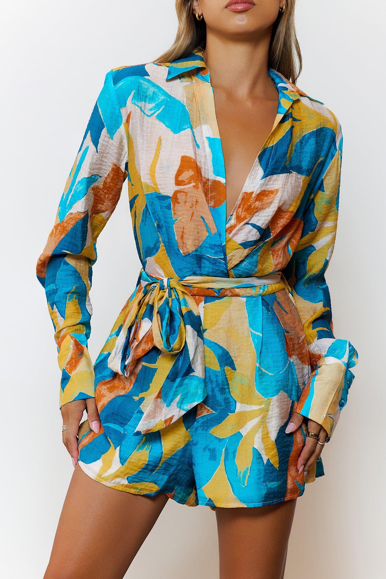 Tropic Tempo Long Sleeve Romper Teal Product Image