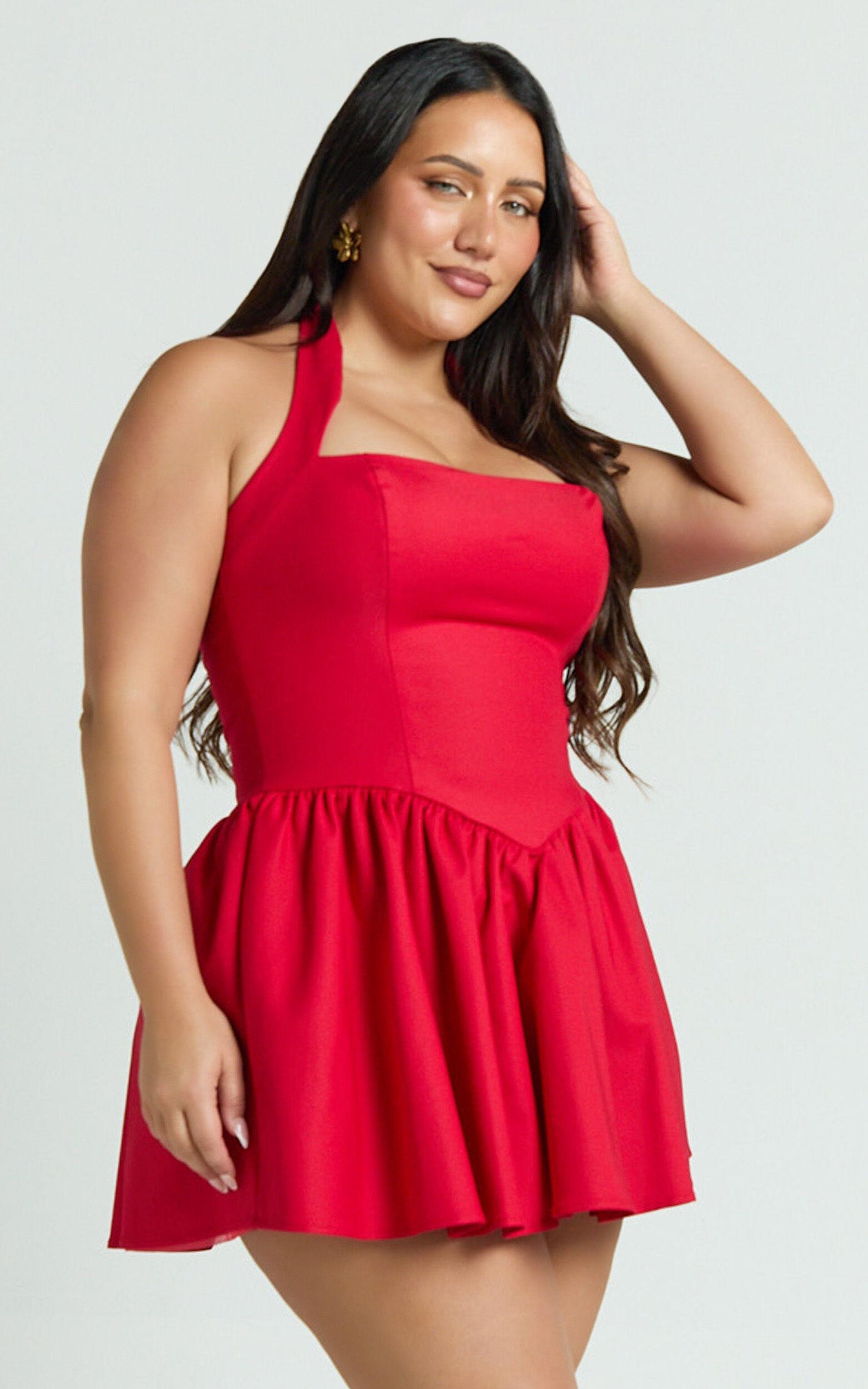 Helda Mini Dress - Halter Tie Neck Corset Panel Dress in Red Product Image
