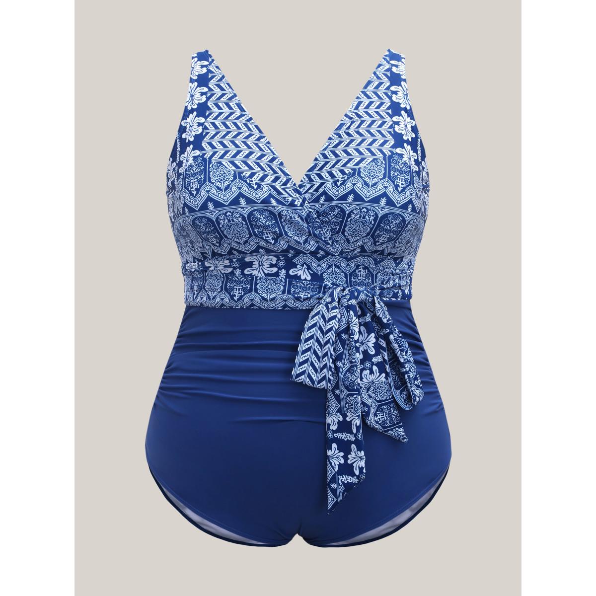 Plus Size Boho Print Belted One-Piece Swimsuit Women's Swimwear Indigo Resort Tie knot Curve Bathing Suits Low stretch One Pieces BloomChic 26/4X Product Image