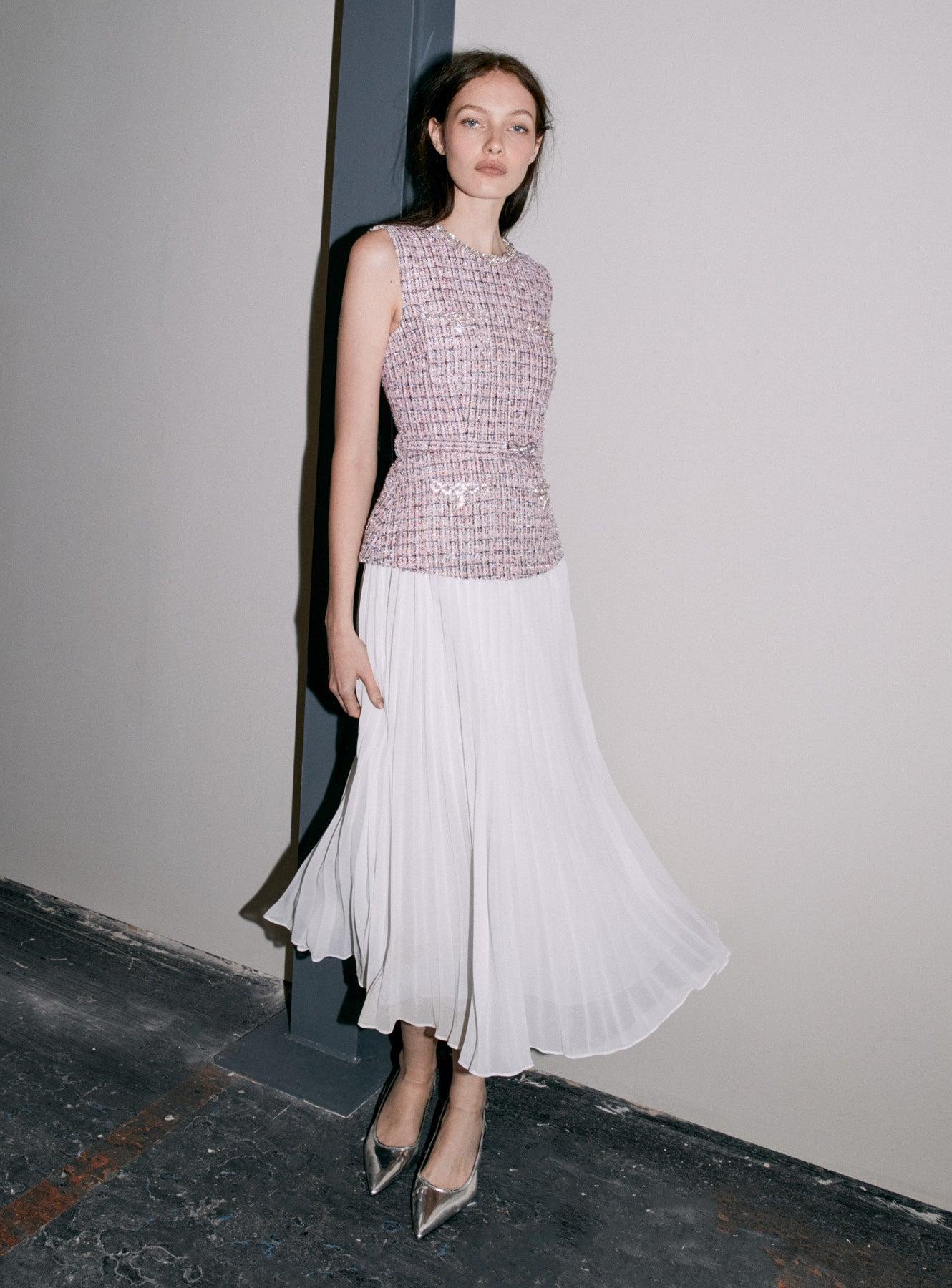 Pink Boucle Chiffon Midi Dress Product Image