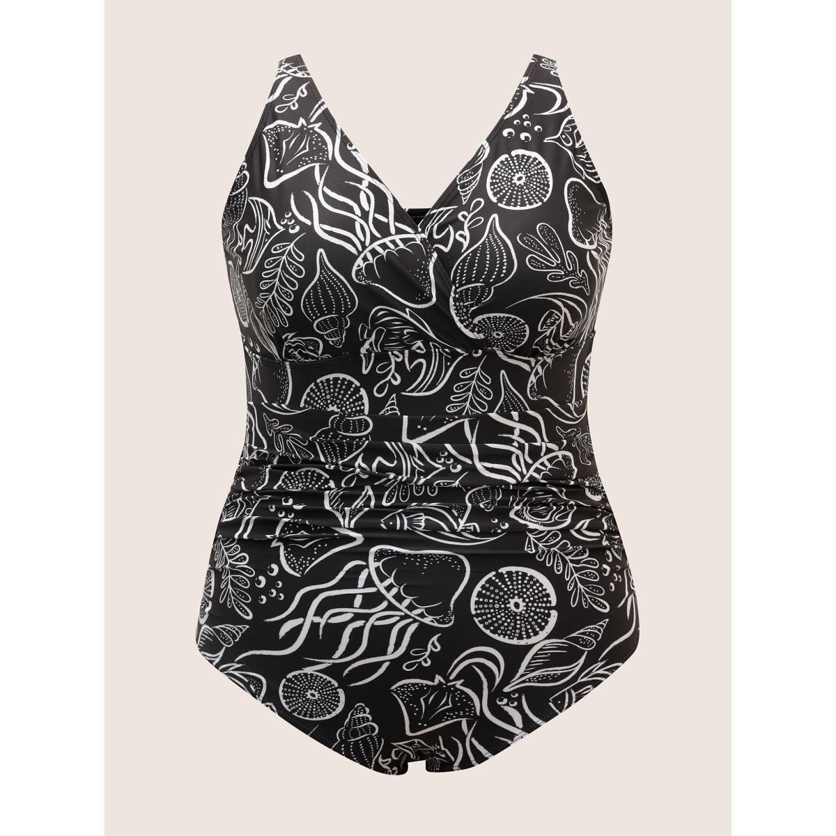 Plus Size V Neck Marine Elements Gathered One Piece Swimsuit Women's Swimwear Black Beach Gathered Curve Bathing Suits High stretch One Pieces BloomChic 22-24/3X Product Image