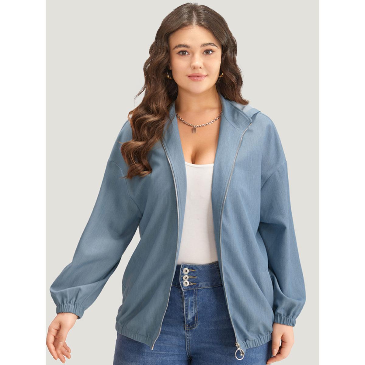 Plus Size Lapel Collar Hooded Zipper Pocket Elastic Hem Jacket Women Stone Elastic cuffs Pocket Dailywear Jackets BloomChic 22-24/3X Product Image