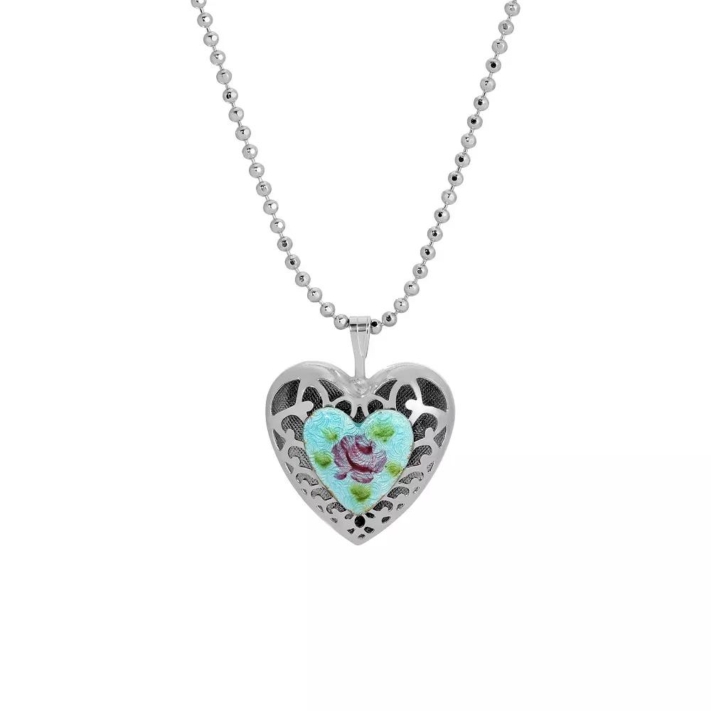 1928 Enamel Floral Heart Pendant Necklace, Womens, Turquoise Product Image