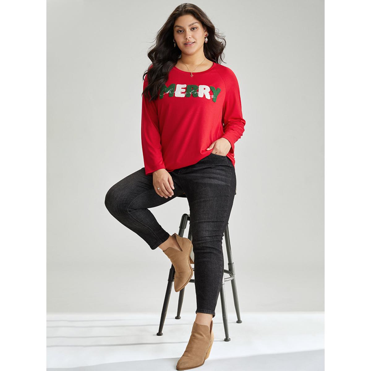 Plus Size Christmas Terry Embroidered Raglan Sleeve T-shirt Red Women Casual Contrast Christmas Festival-Christmas T-shirts BloomChic 14-16/1X Product Image