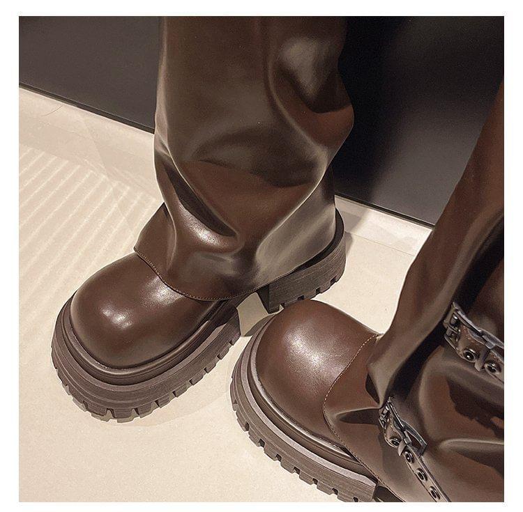 Platform Buckled Panel Knee High Boots Product Image