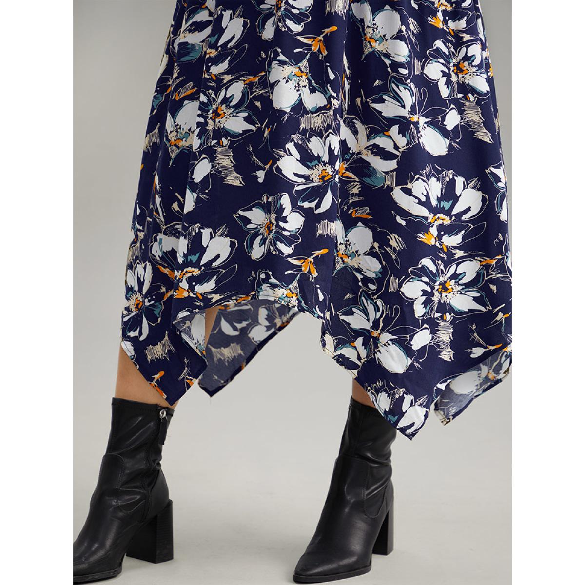 Plus Size Floral Print Ruched Plicated Detail Dress DarkBlue Women Elegant Elastic cuffs V-neck Long Sleeve Curvy Midi Dress BloomChic 18-20/2X Product Image