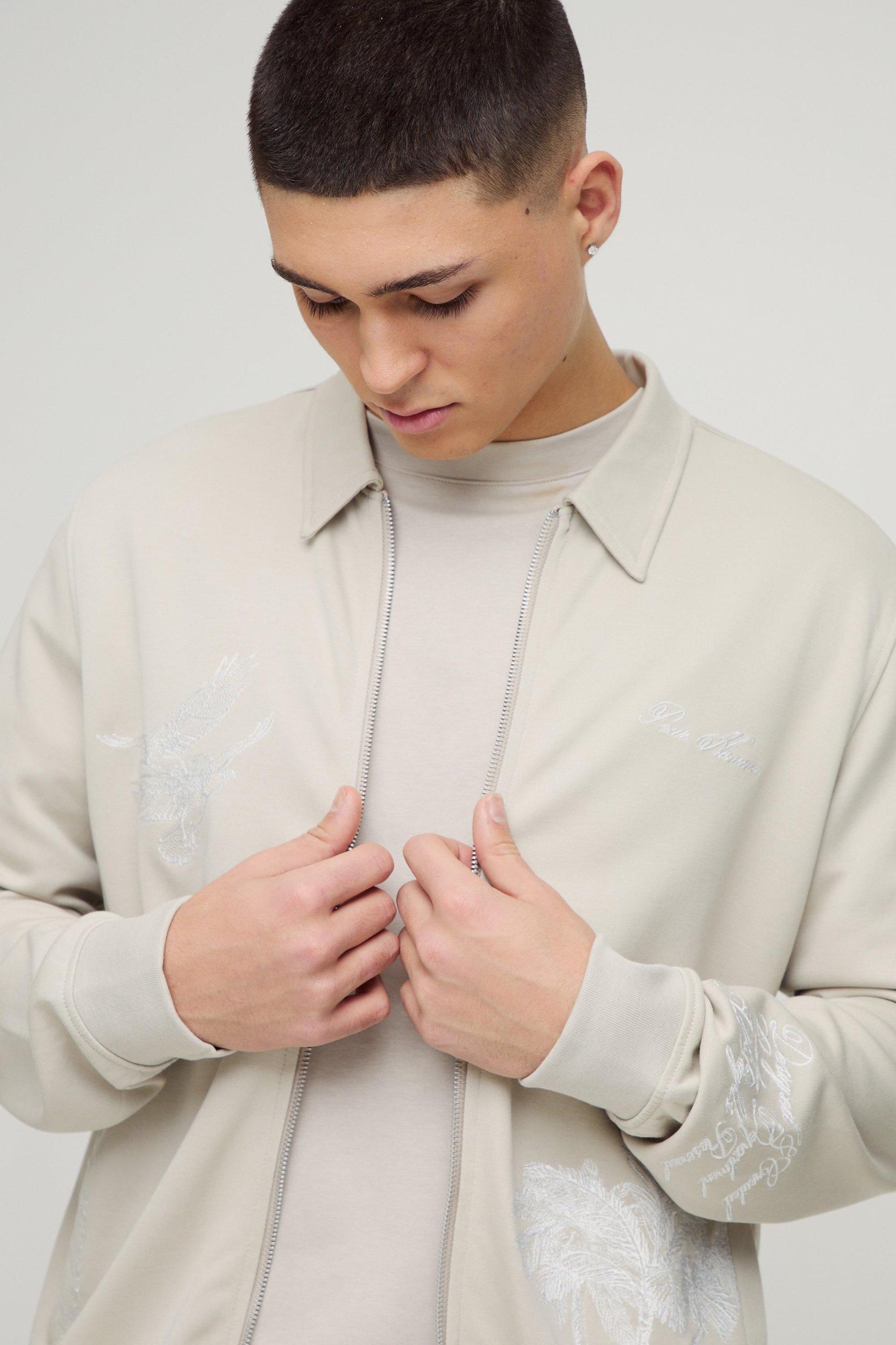 Regular Fit Smart Harrington Bonded Scuba Super Heavyweight Embroidered Bomber Jacket | boohooMAN USA Product Image