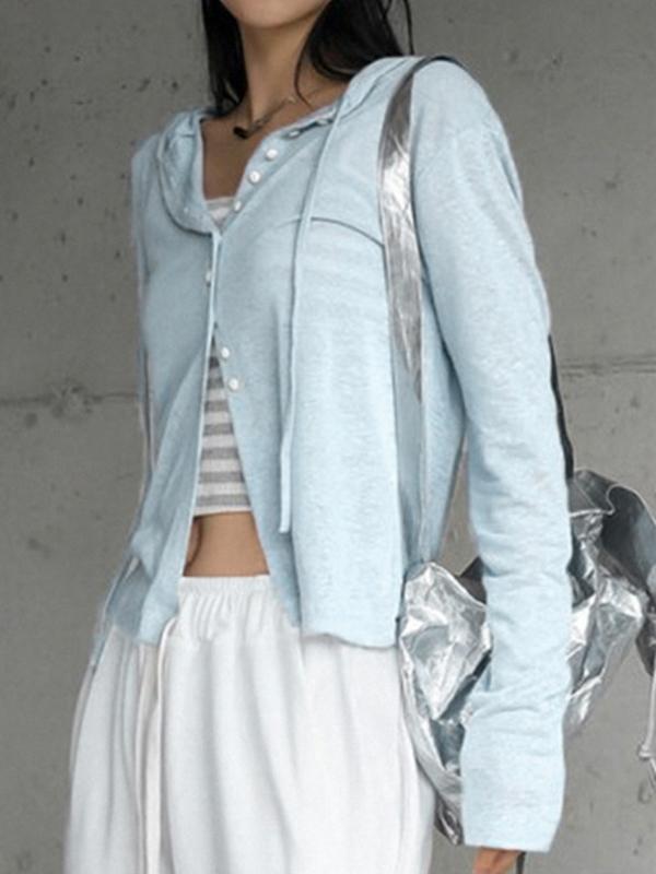 Light Blue Breasted Hooded Long Sleeve Knit Product Image