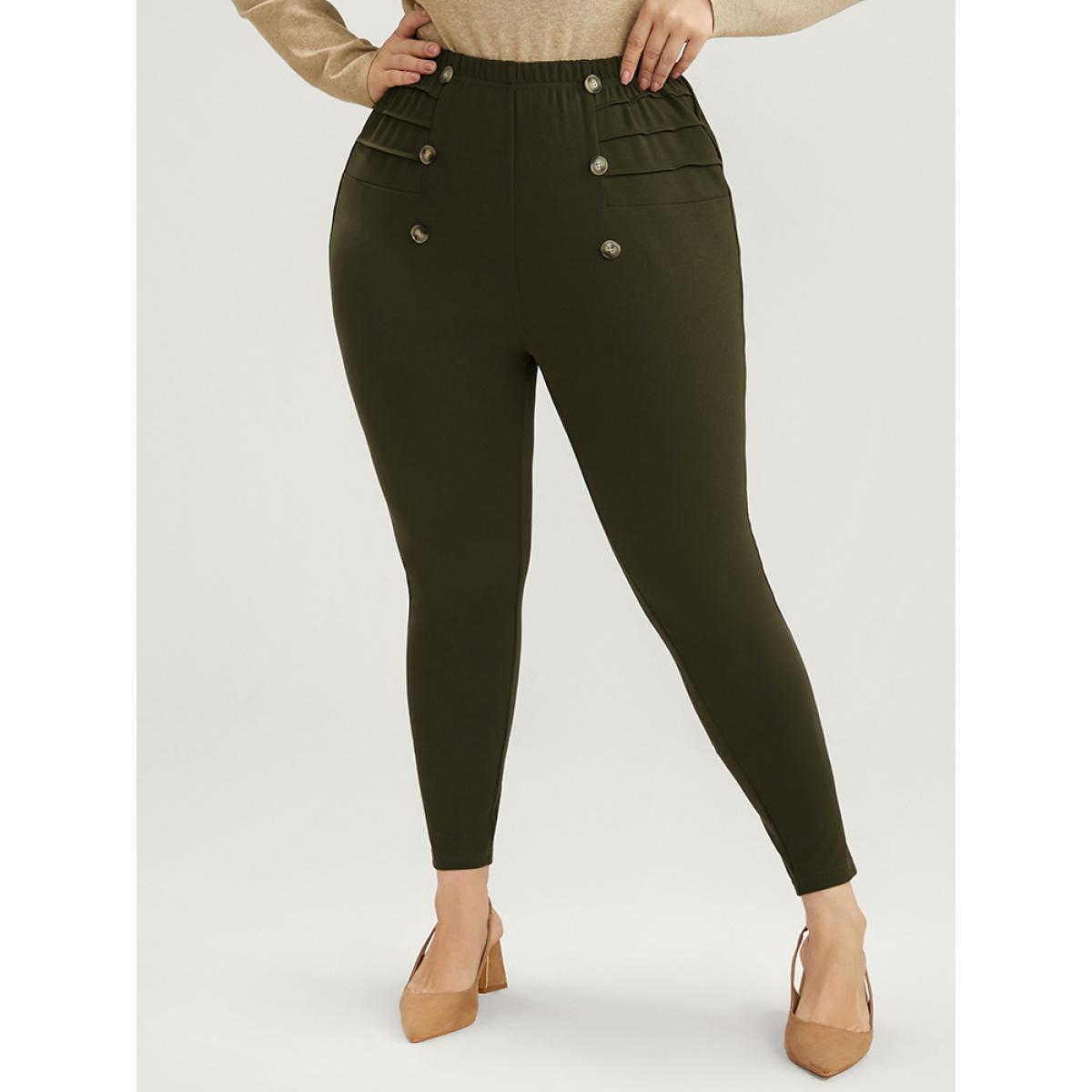 Plus Size Solid Elastic Waist Button Detail Skinny Leggings Women ArmyGreen Elegant Low stretch Skinny Mid Rise Dailywear Leggings BloomChic 14-16/1X Product Image