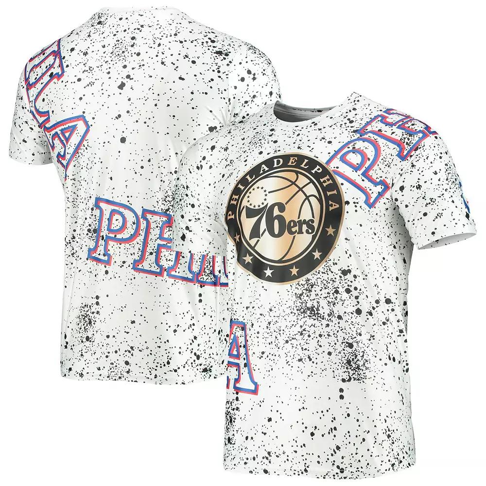 Men's White Philadelphia 76ers Gold Foil Splatter Print T-Shirt,  Product Image