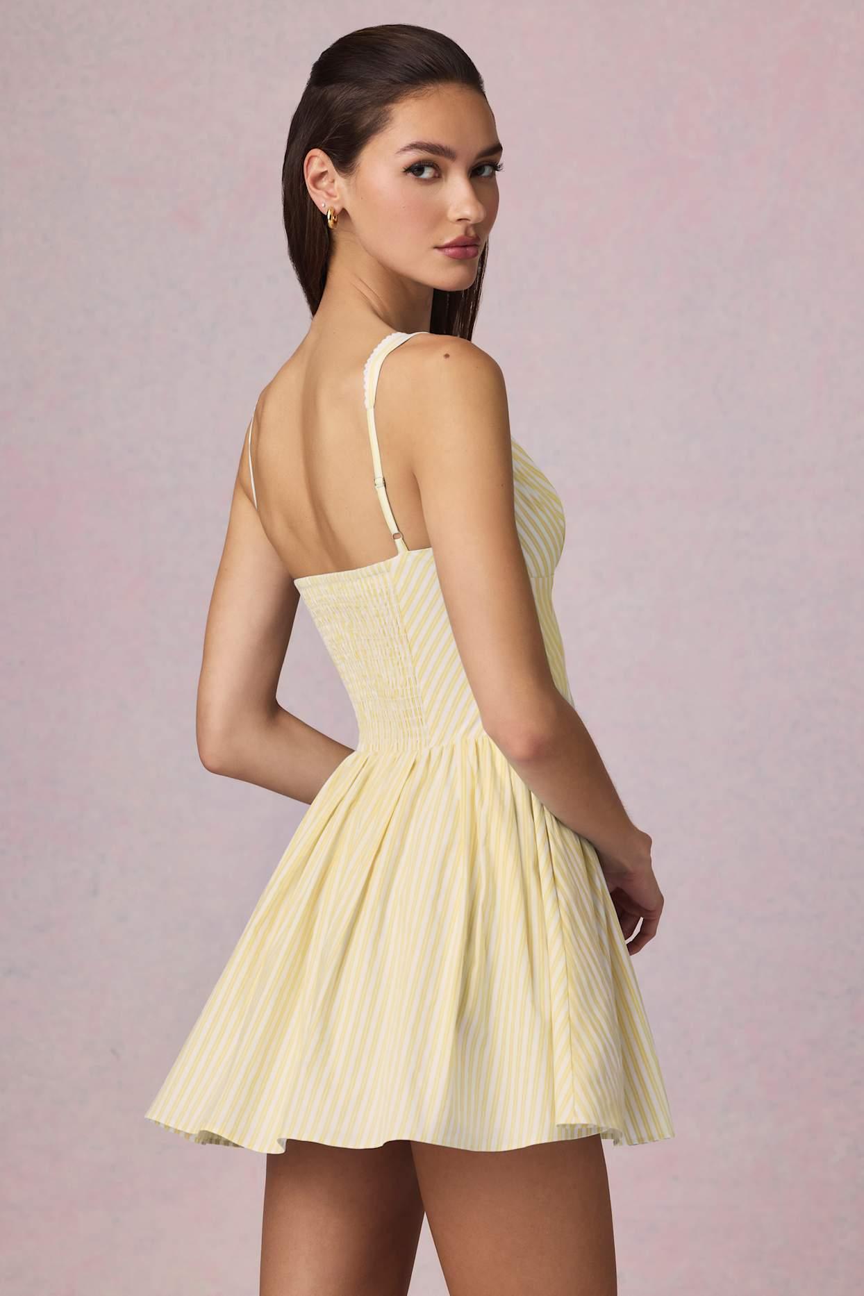 Bow-Detail A-Line Mini Dress in Lemon Yellow Stripe Product Image