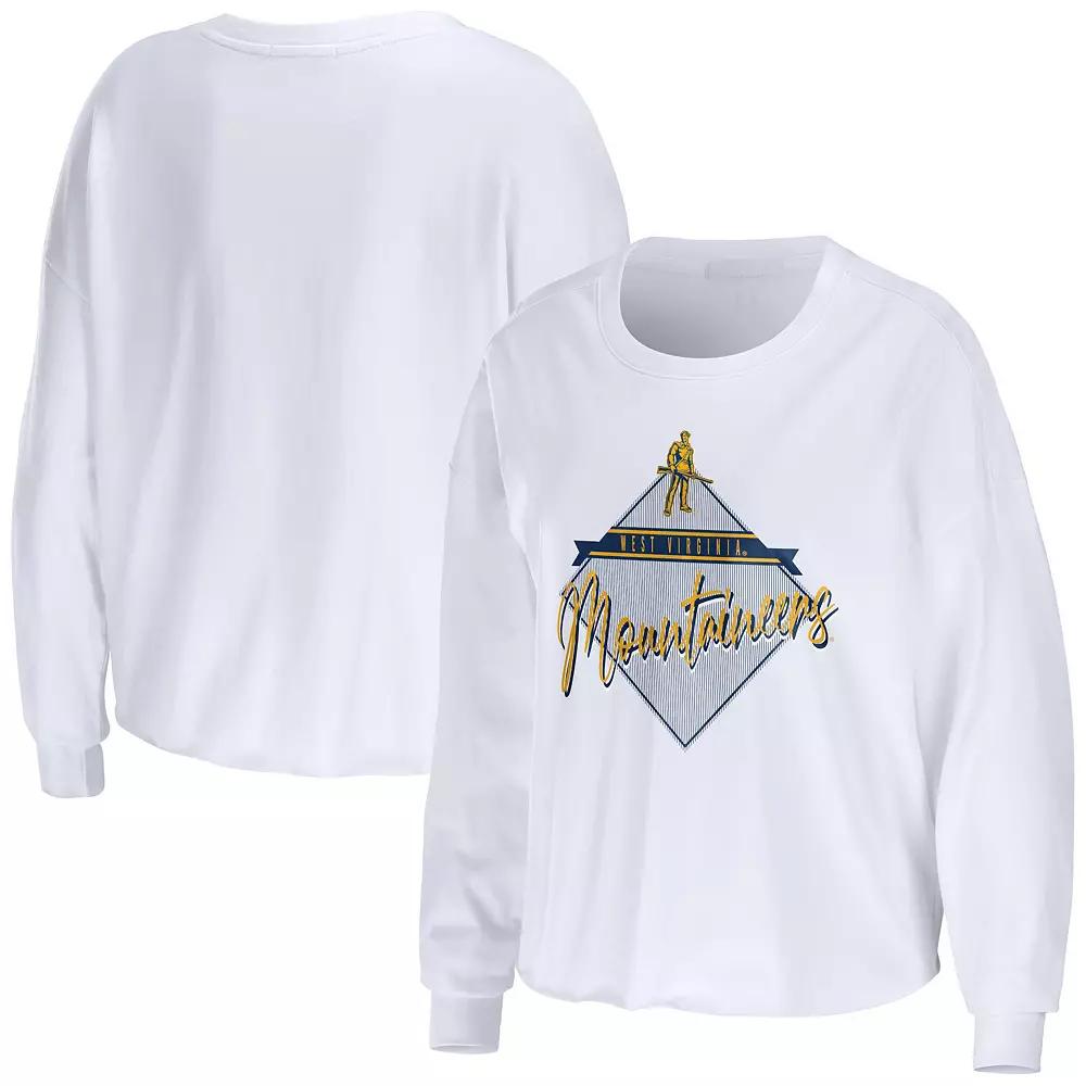 Women's WEAR by Erin Andrews White West Virginia Mountaineers Diamond Long Sleeve Cropped T-Shirt, Size: Small Product Image
