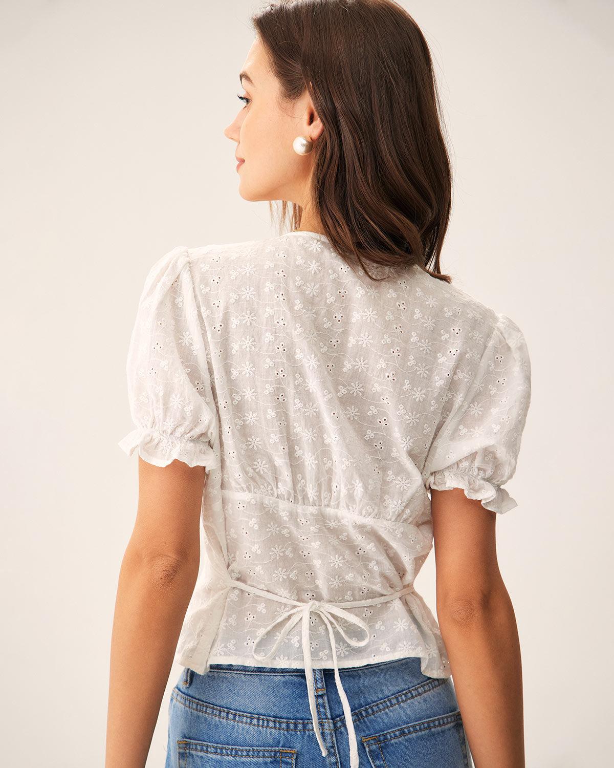 White Floral Puffed Sleeve Blouse Product Image