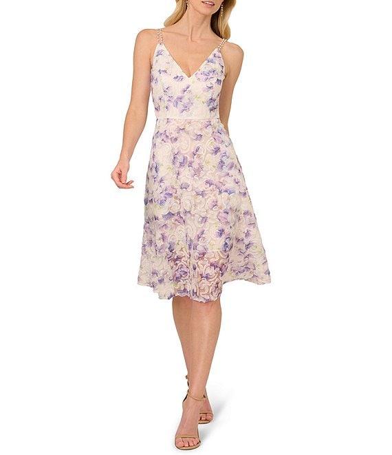 Adrianna Papell Soutache Floral Print V Neck Sleeveless Pearl Straps A-Line Midi Dress Product Image