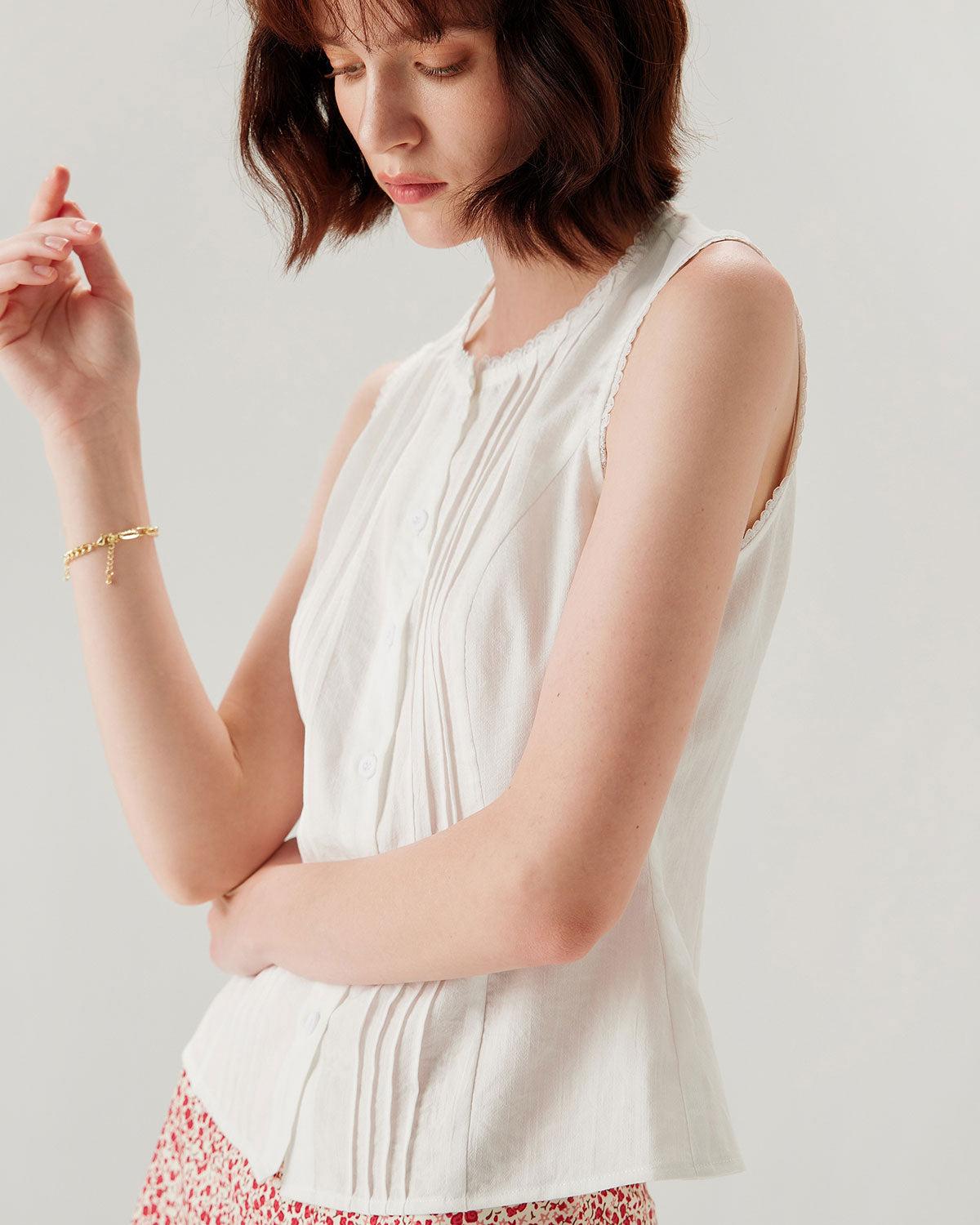 White Crew Neck Button Sleeveless Blouse Product Image