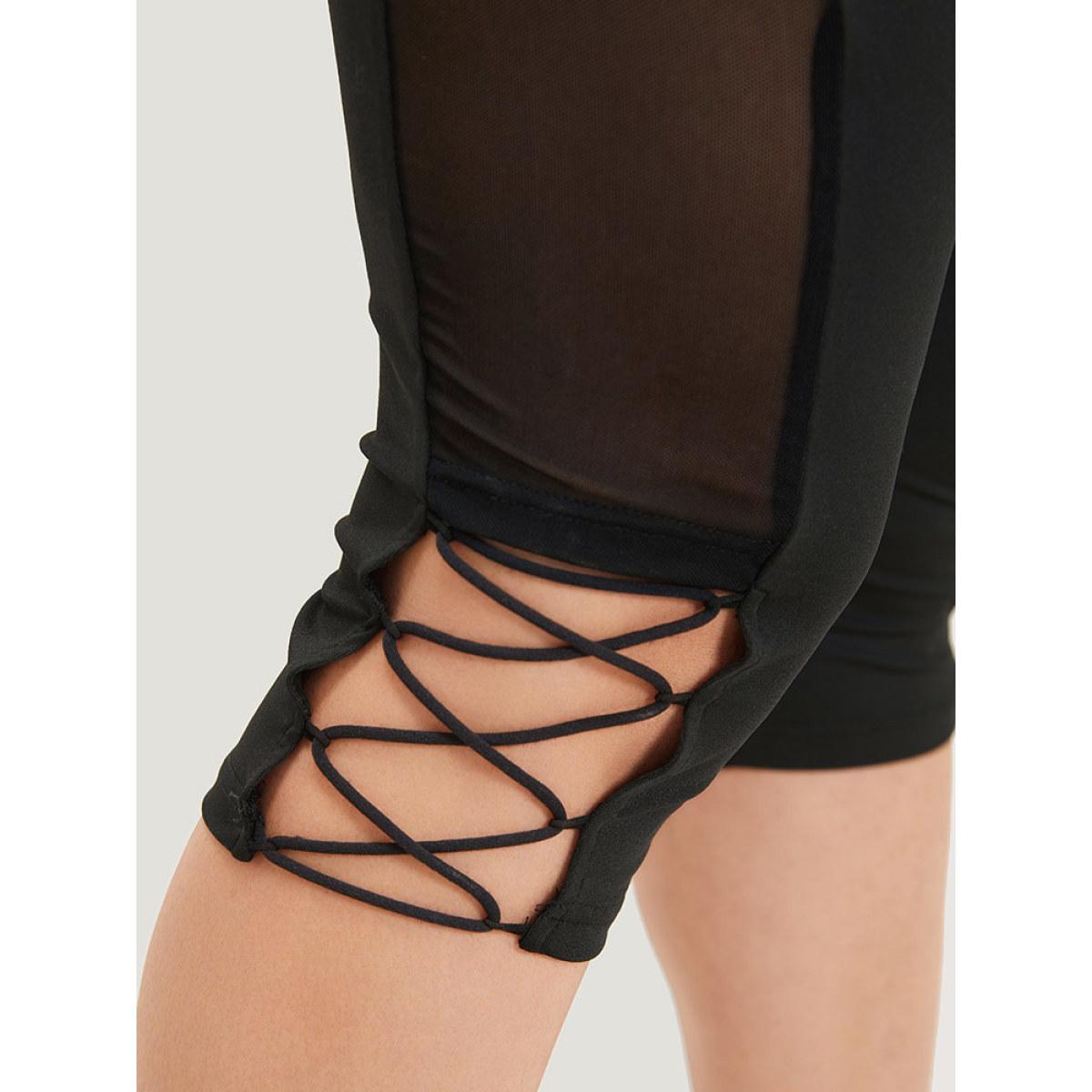 Plus Size Plain Crisscross Mesh Patchwork Cropped Leggings Women Black Elegant High stretch Skinny High Rise Dailywear Leggings BloomChic 12/L Product Image