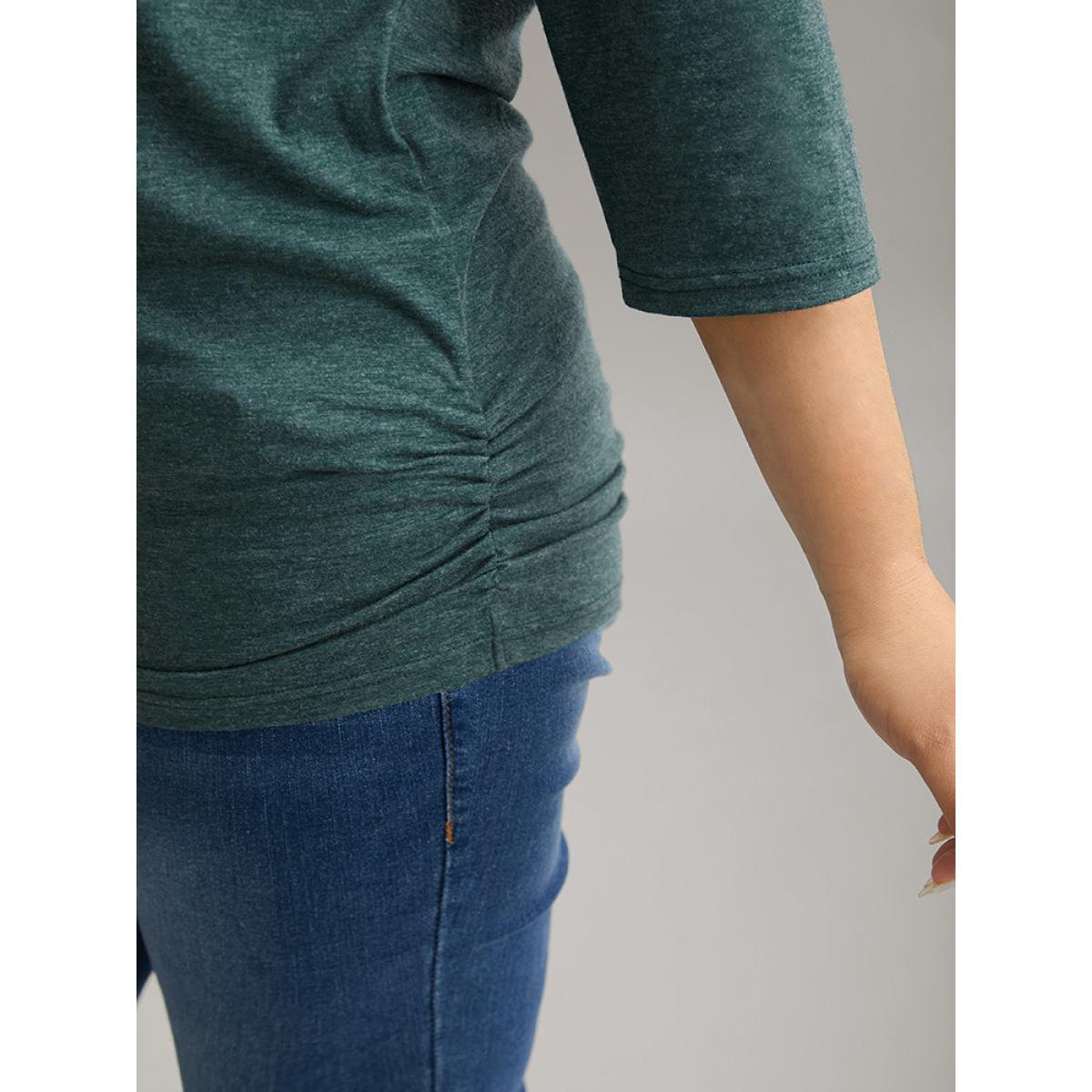 Plus Size Solid Gathered Contrast Lace V Neck T-shirt DarkGreen Women Elegant Gathered Plain V-neck Everyday T-shirts BloomChic 14-16/1X Product Image