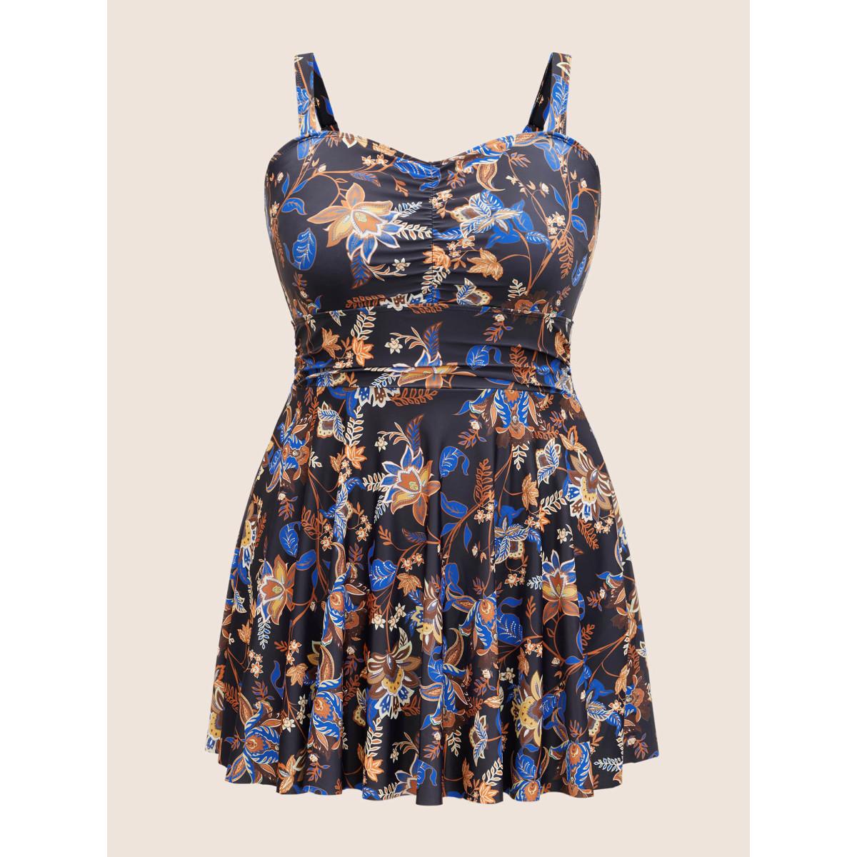 Plus Size Bandana Print Ruched Detail Adjustable Straps Swim Dress Women's Swimwear Black Beach Bodycon Heart neckline High stretch Curve Swim Dresses BloomChic 22-24/3X Product Image